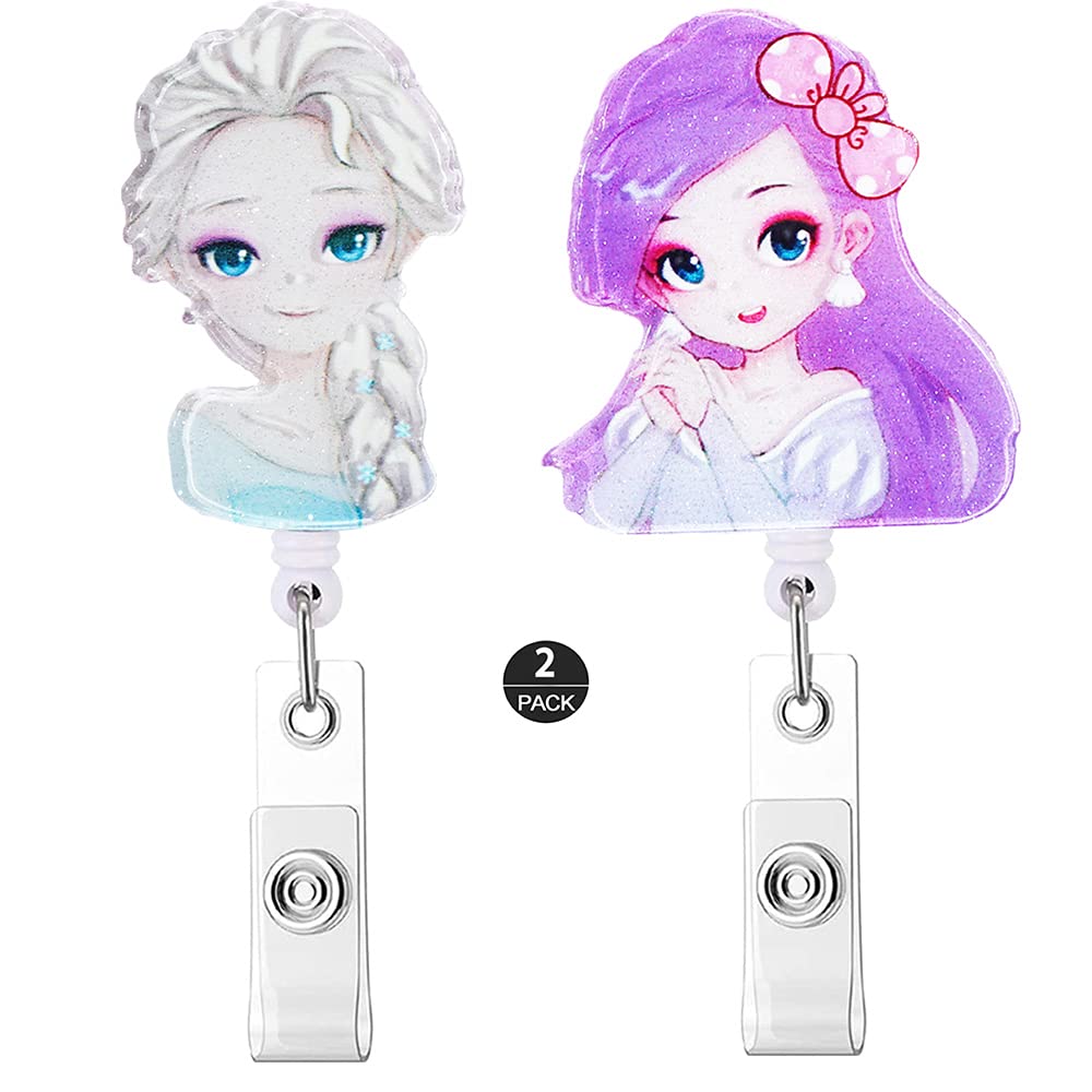 ZOSTLAND Sisters Ice Princess Cartoon Retractable Badge Reel Holder - 28 Inch Cord with Metal Clip for Nurses, Office ID & Name Tags (2-Pack) - Perfect for Healthcare Workers, Teachers & Corporate Professionals