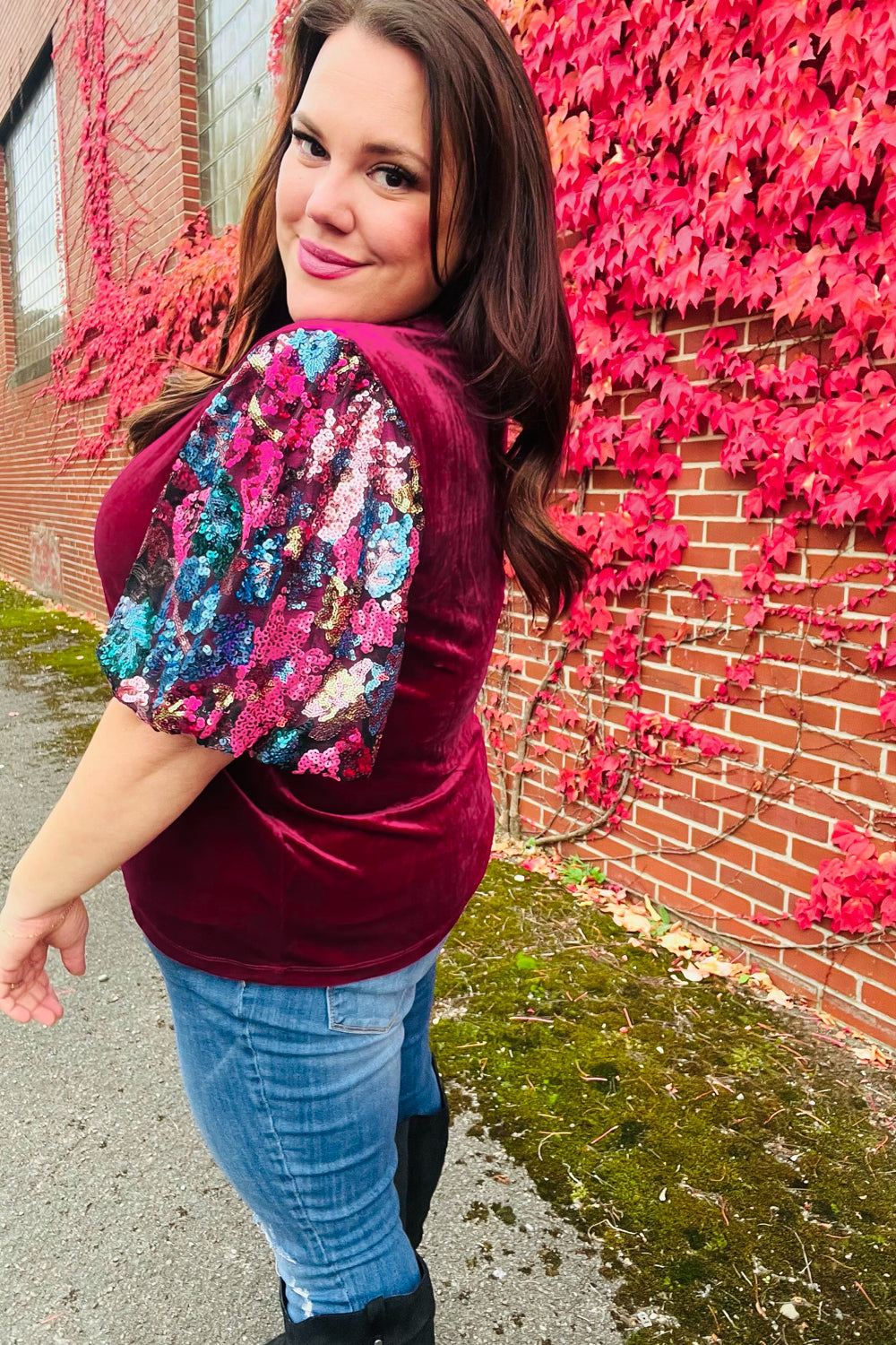 Diva Dreams Women's Sequin Floral Puff Sleeve Velvet Blouse - Elegant Party Top for Night Out, Dinner Date & Special Occasions