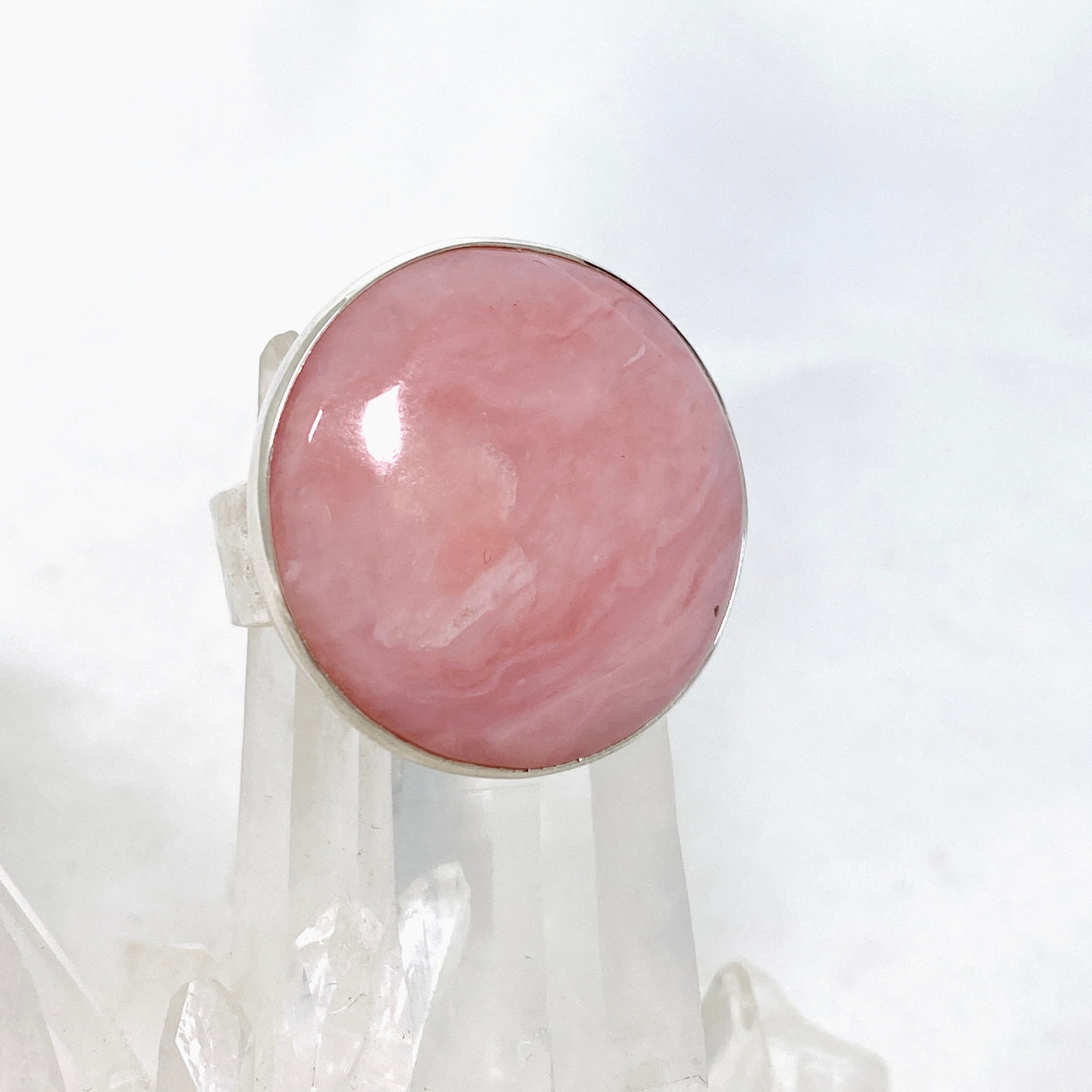 Pink Opal Round Cabochon Ring - Hammered Sterling Silver Size 9.5 (KRGJ3305) | Elegant Boho Jewelry for Women, Perfect for Everyday Wear & Special Occasions