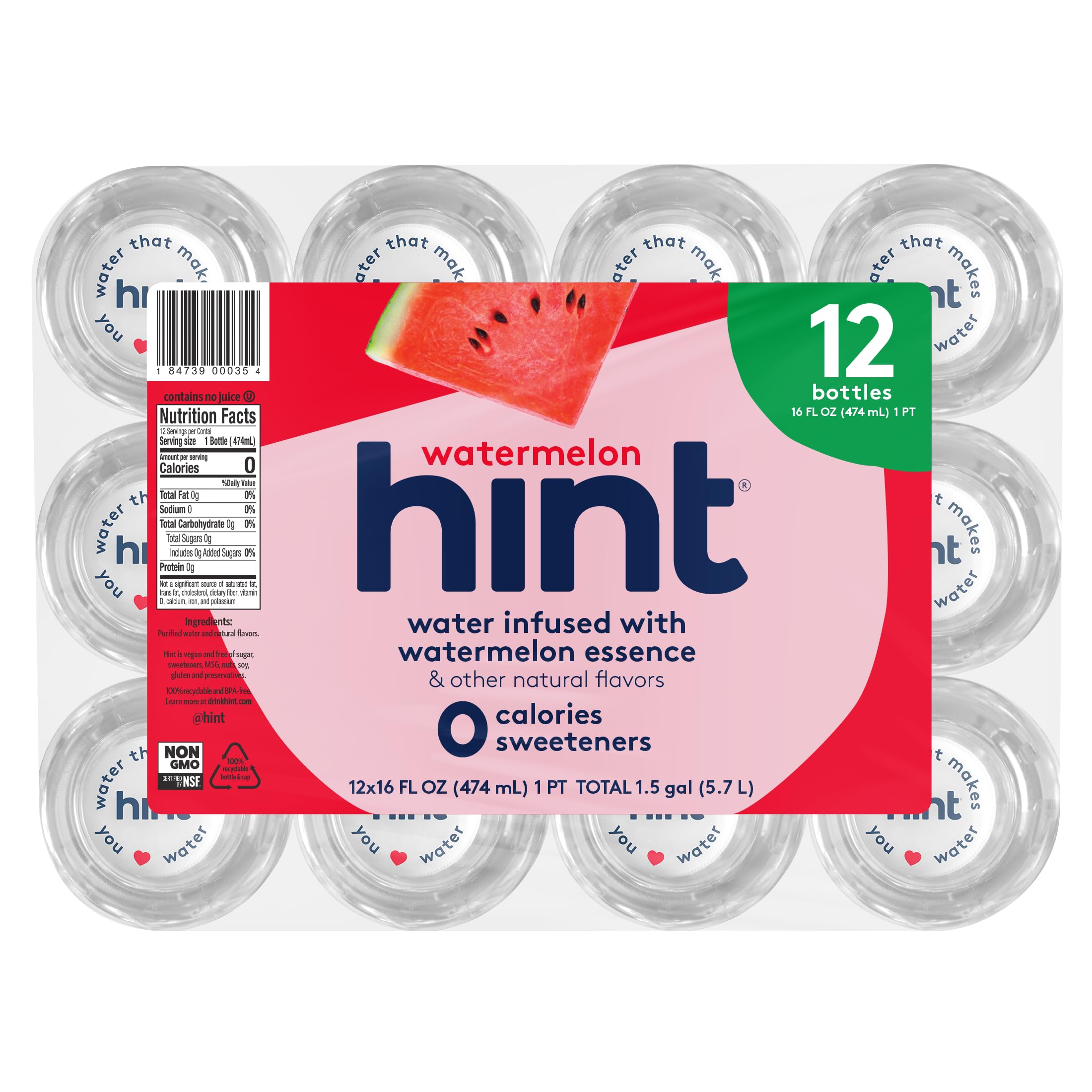 Hint Water Watermelon Flavored Water (Pack of 12), 16 Ounce Bottles - Zero Sugar, Zero Calories, No Artificial Sweeteners or Preservatives - Refreshing Hydration for Workouts, Yoga, Office & Outdoor Activities