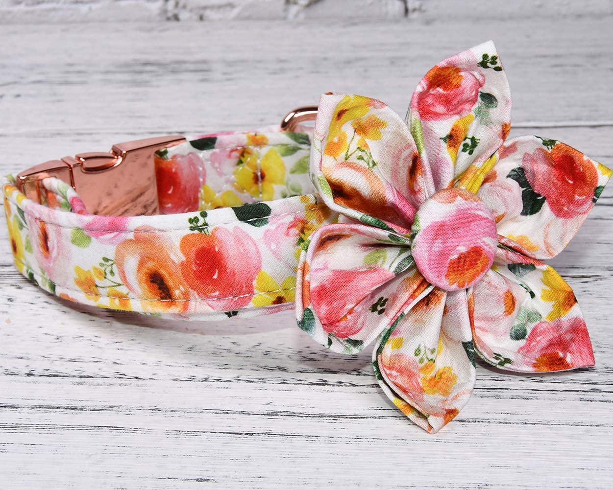 Pink & Yellow Watercolor Floral Dog Collar with Detachable Flower - Adjustable Pet Collar for Small, Medium & Large Dogs (14-23 inch) - Perfect for Daily Walks, Pet Photos & Special Occasions