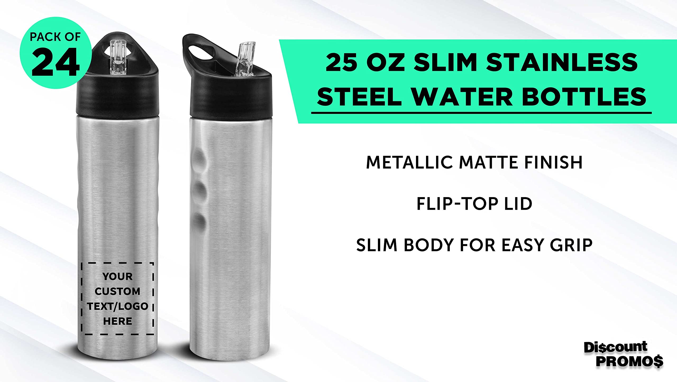 Custom Slim Stainless Steel Water Bottles 25oz (24 Pack) - Personalized Text & Logo - Reusable Gym & Sports Bottles - Bulk Pack (Silver) - Perfect for Team Events, Corporate Gifts & Fitness Enthusiasts