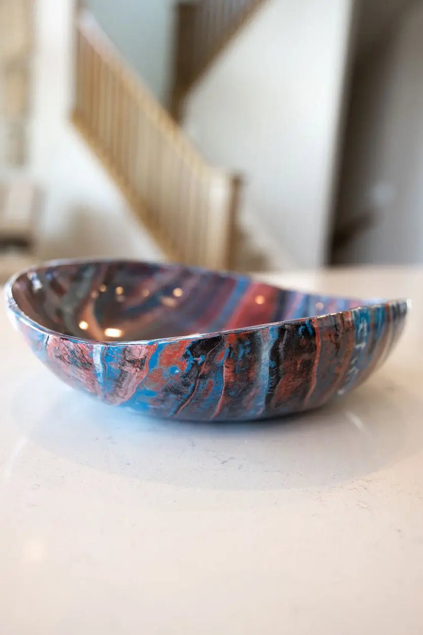 Modern Marbled Decorative Bowl - Handcrafted Porcelain Home Decor in Red, Blue & White | Perfect for Centerpieces, Table Decor & Gift Giving