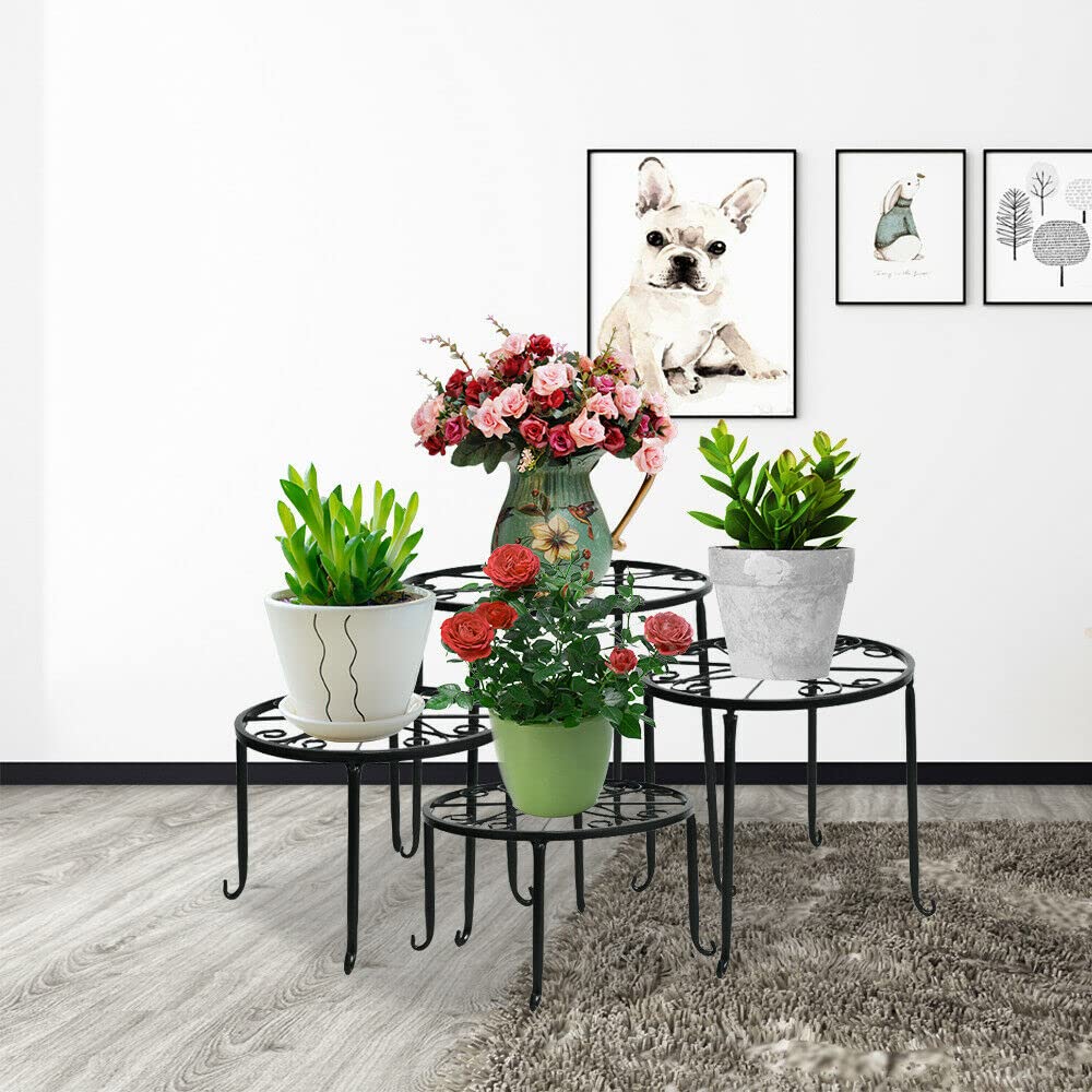 4-Piece Metal Pot Plant Stands - Round Garden Flower Rack Holder for Indoor & Outdoor Decor - Perfect for Patio, Balcony, and Home Gardening
