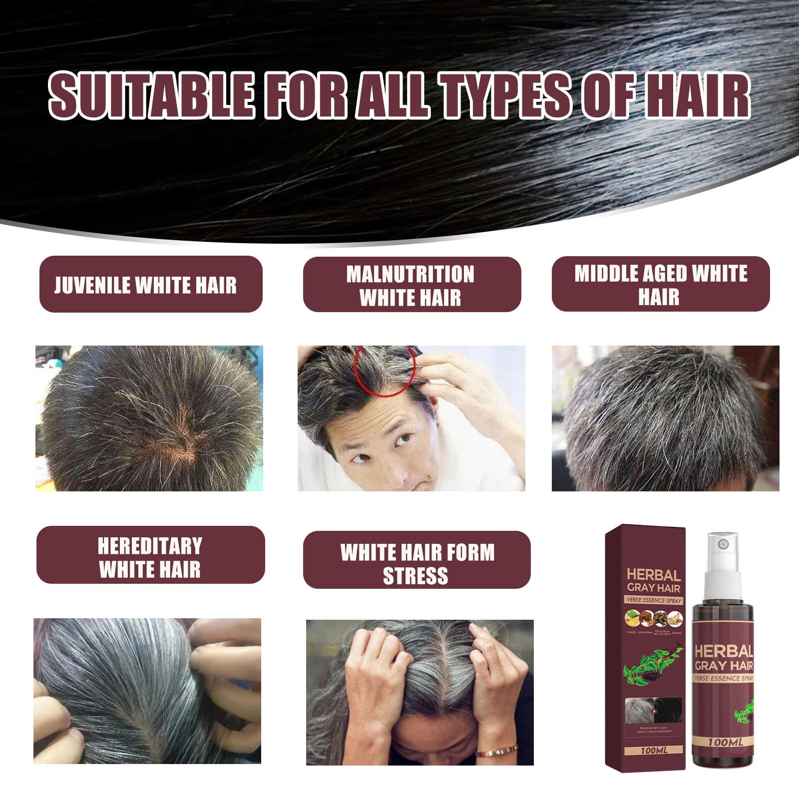 Herbal Essence Gray Hair Reverse Spray - Natural Hair Darkening & Coloring Conditioner for Gradual Results (Lasts 4 Weeks) | Perfect for Covering Gray Hair & Enhancing Hair Color at Home