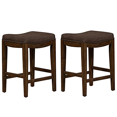 2-Piece Upholstered Saddle Wood Bar Stool Set in Walnut Brown - Counter Height Bar Stools for Kitchen Island, Breakfast Nook & Home Bar - Comfortable Wooden Stools with Cushioned Seats