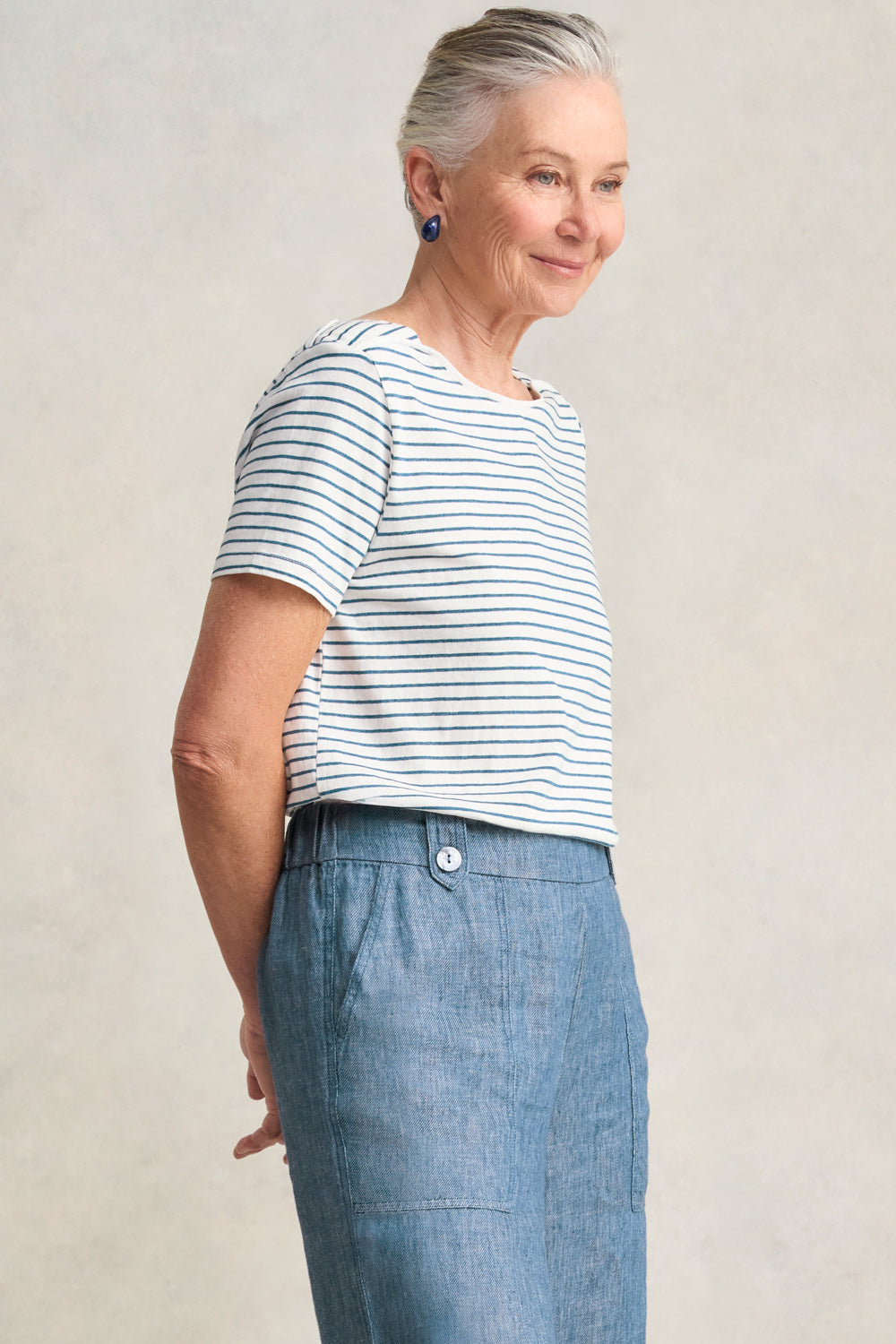 Stripe Bateau T-Shirt for Women - Indigo Striped Cotton Crew Neck Tee | Casual Wear, Layering, Everyday Outfits
