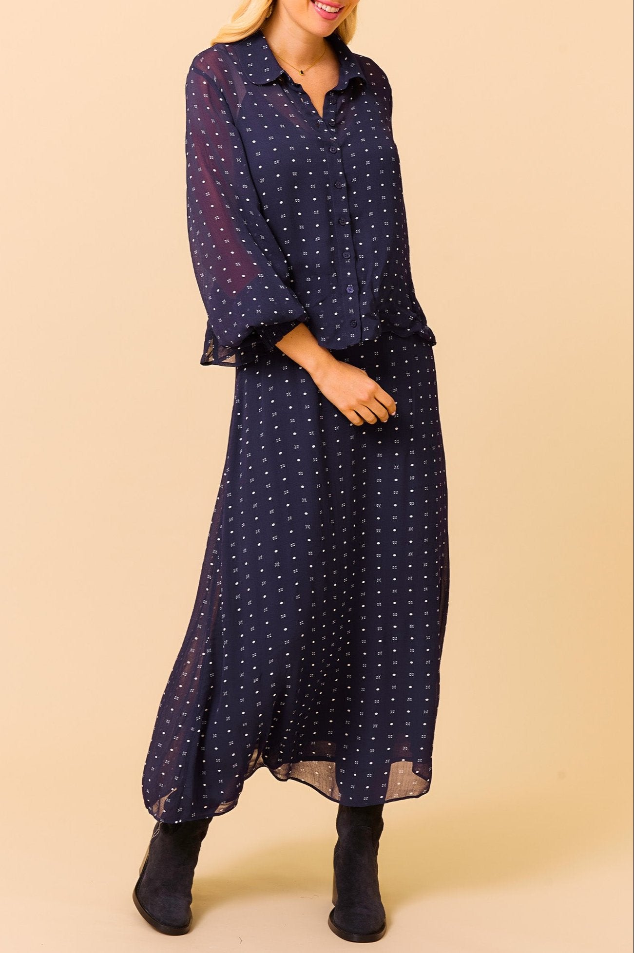 Kate Skirt - Navy & White Polka Dot Flared Midi Skirt for Women | Casual & Office Wear | Perfect for Spring & Summer Outfits