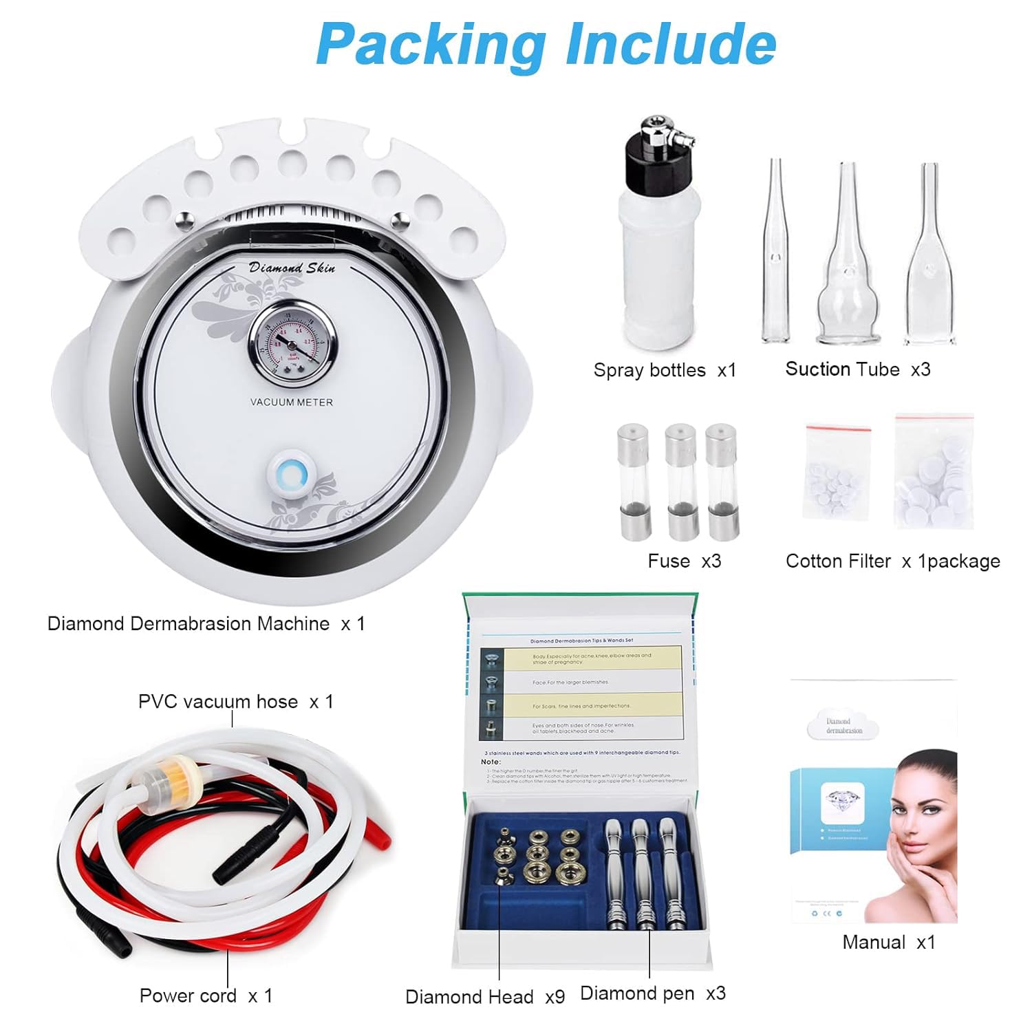 Professional 3-in-1 Diamond Microdermabrasion Machine for Face - 65-68cmHg Vacuum Suction Blackhead Remover & Hydrating Spray - At-Home Facial Skin Care Device for Acne, Wrinkles & Glowing Skin | Salon-Quality Beauty Equipment for DIY Spa Days & Professional Treatments