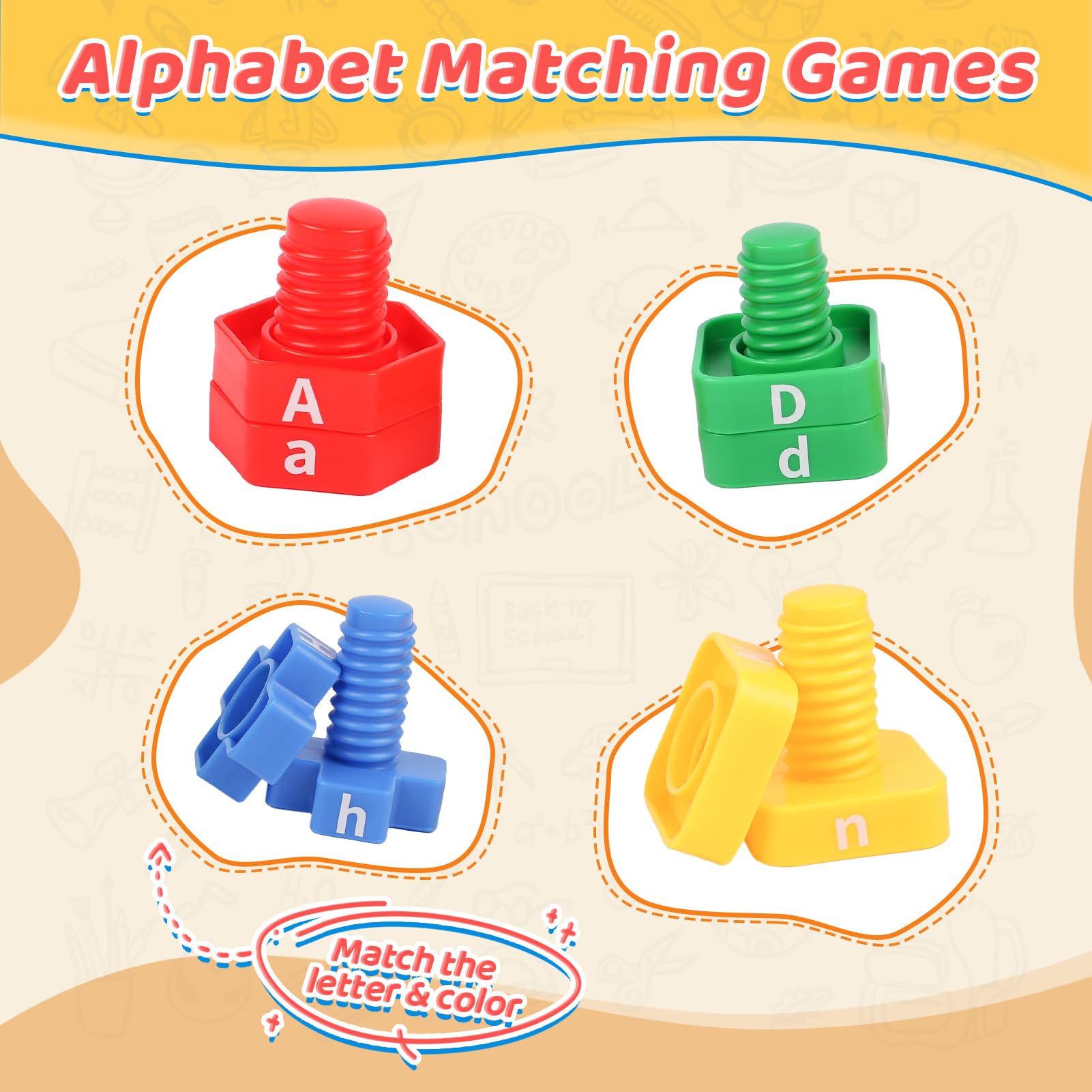 ABC Letters Matching Games - 52pcs Alphabet Learning Toy for Toddlers, Montessori Nuts & Bolts Fine Motor Skills Toys, Preschool Kindergarten Sorting Stacking Educational Activities | Perfect for Classroom, Homeschool & Early Childhood Development