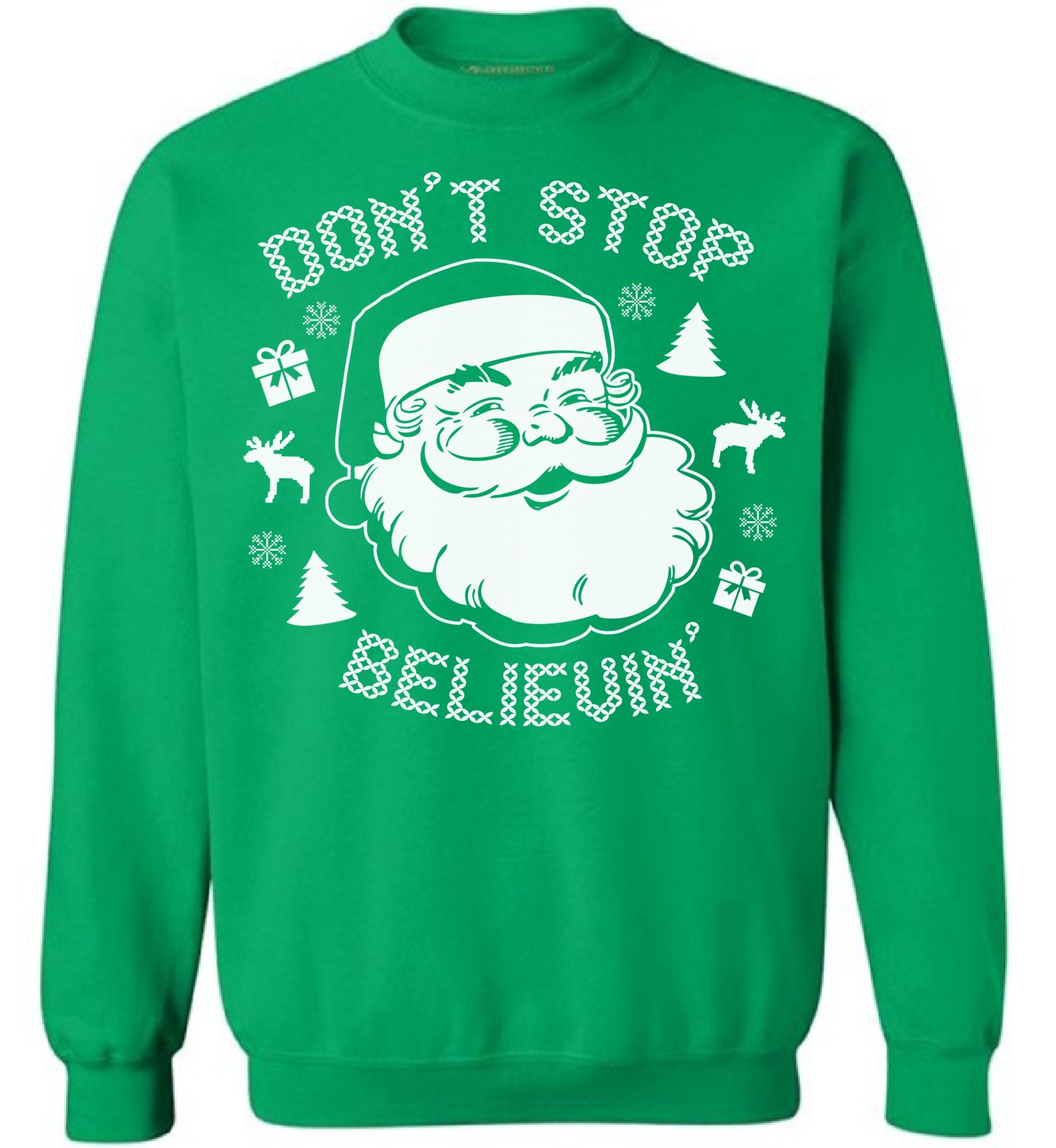 Funny Santa Claus Ugly Christmas Sweater - Don't Stop Believin' Xmas Theme Holiday Sweatshirt for Adults | Perfect for Christmas Parties, Office Holiday Events & Family Gatherings