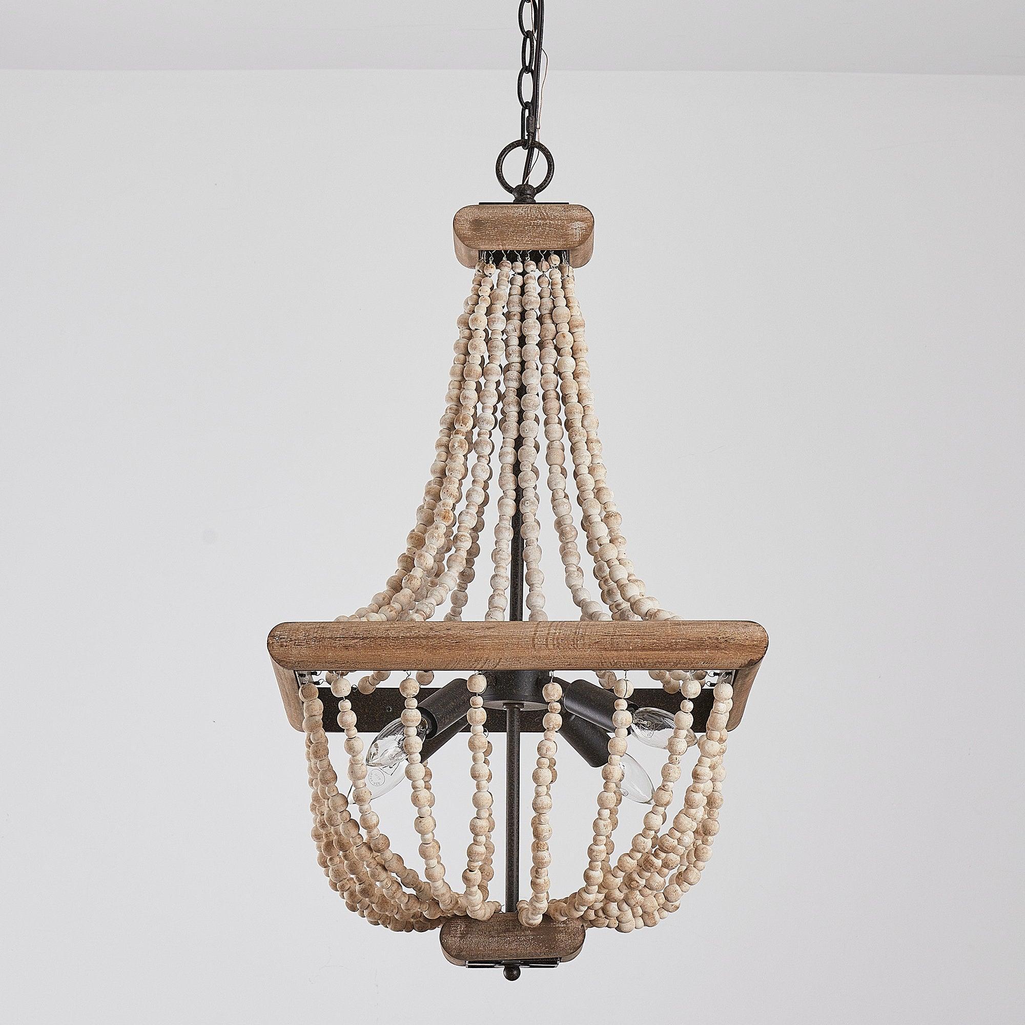 Regas 4-Light Wood Bead Candle Style Chandelier - Rustic Farmhouse Ceiling Light Fixture for Dining Room, Bedroom, or Living Room Decor