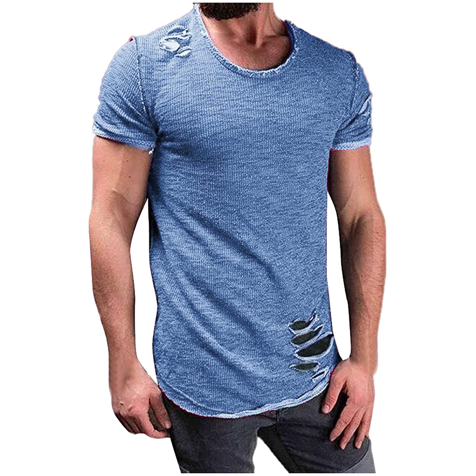 YUNDAN Men's Short Sleeve T-Shirt - Distressed Round Neck Casual Tee for Workout, Running & Fitness | Breathable Cotton Shirt for Gym, Streetwear & Everyday Wear