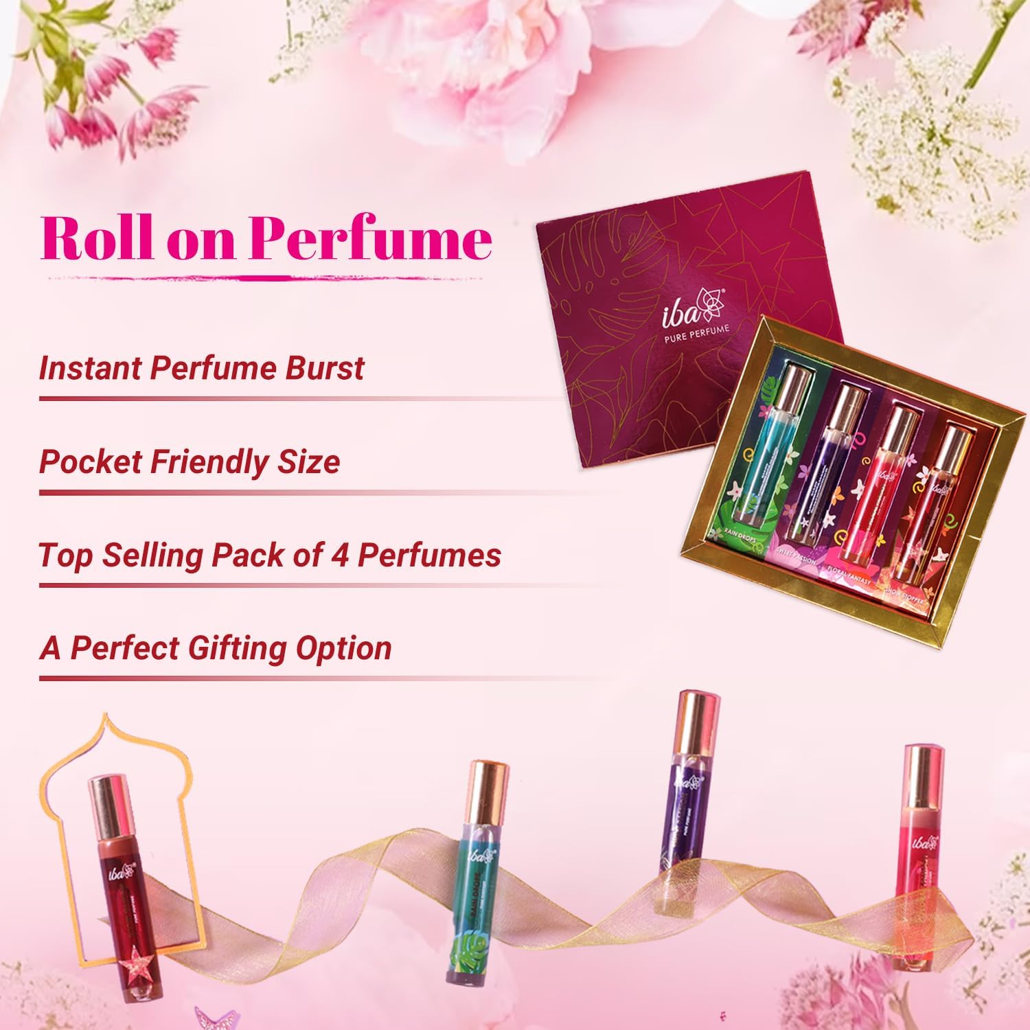 Luxury Perfume Gift Set for Women - 4 x 10ml Roll-On Fragrances (Aqua, Fruity, Floral, Woody, Musky & Spicy) | Long Lasting, Alcohol-Free Scent | Perfect for Travel, Date Night & Everyday Wear
