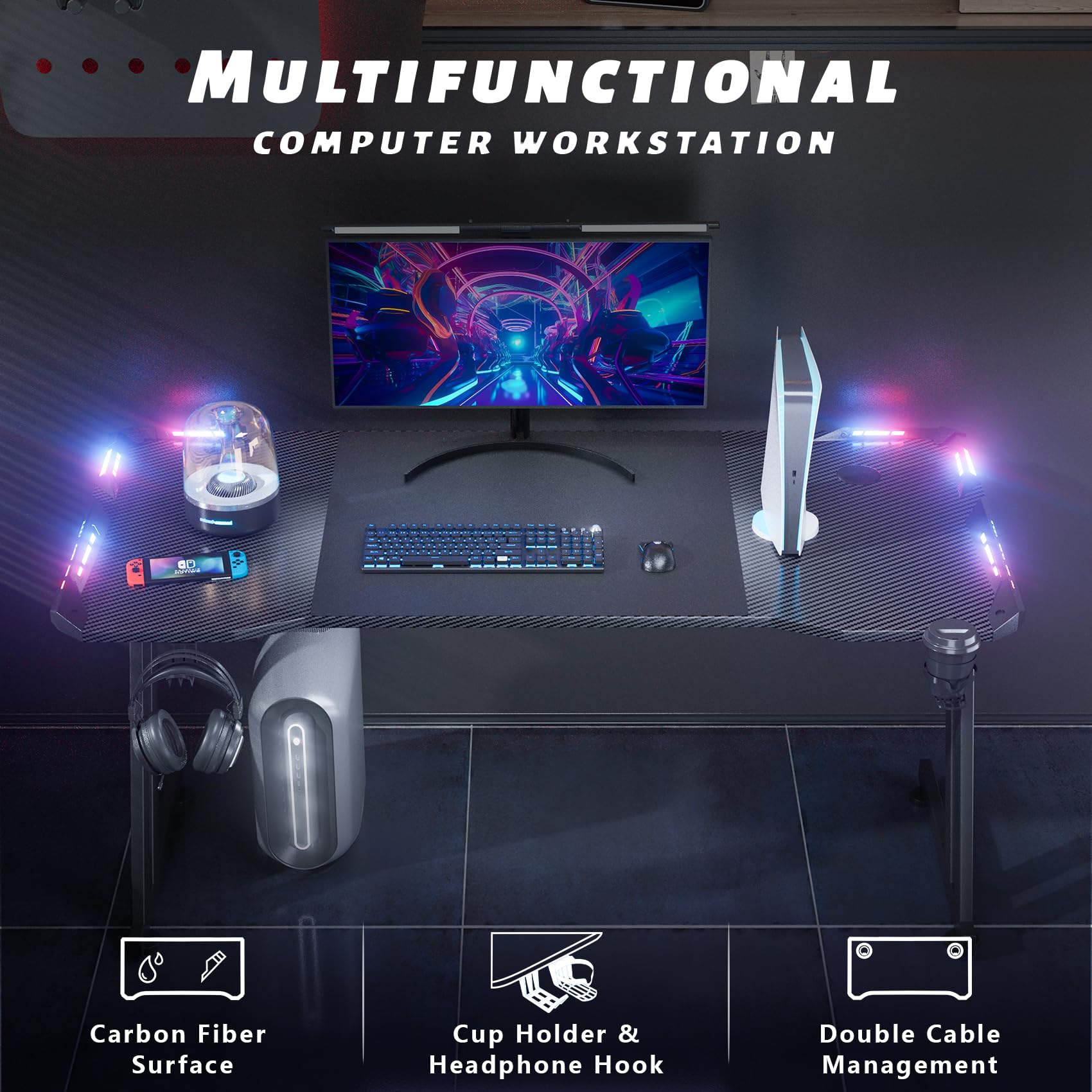 HLDIRECT 47 Inch LED Gaming Desk with Carbon Fiber Surface - Ergonomic Z-Shaped Computer Desk for Home Office | Cup Holder & Headphone Hook | Perfect for PC Gaming, Streaming & Workstations