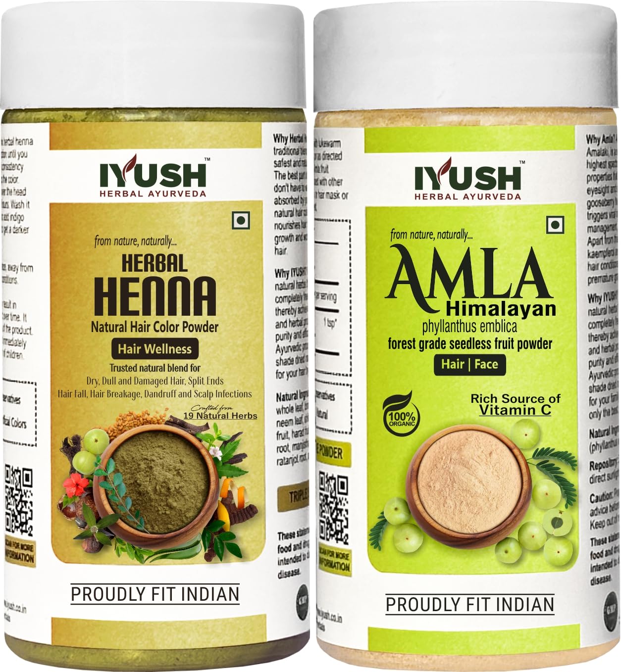 IYUSH Herbal Ayurveda Amla Powder & Natural Henna Powder for Hair Color – 200g (100g Each) | Chemical-Free Herbal Hair Dye | Volumizing Hair Treatment | For Gray Coverage, Hair Growth & Scalp Care | Perfect for Home Hair Coloring & Ayurvedic Hair Masks
