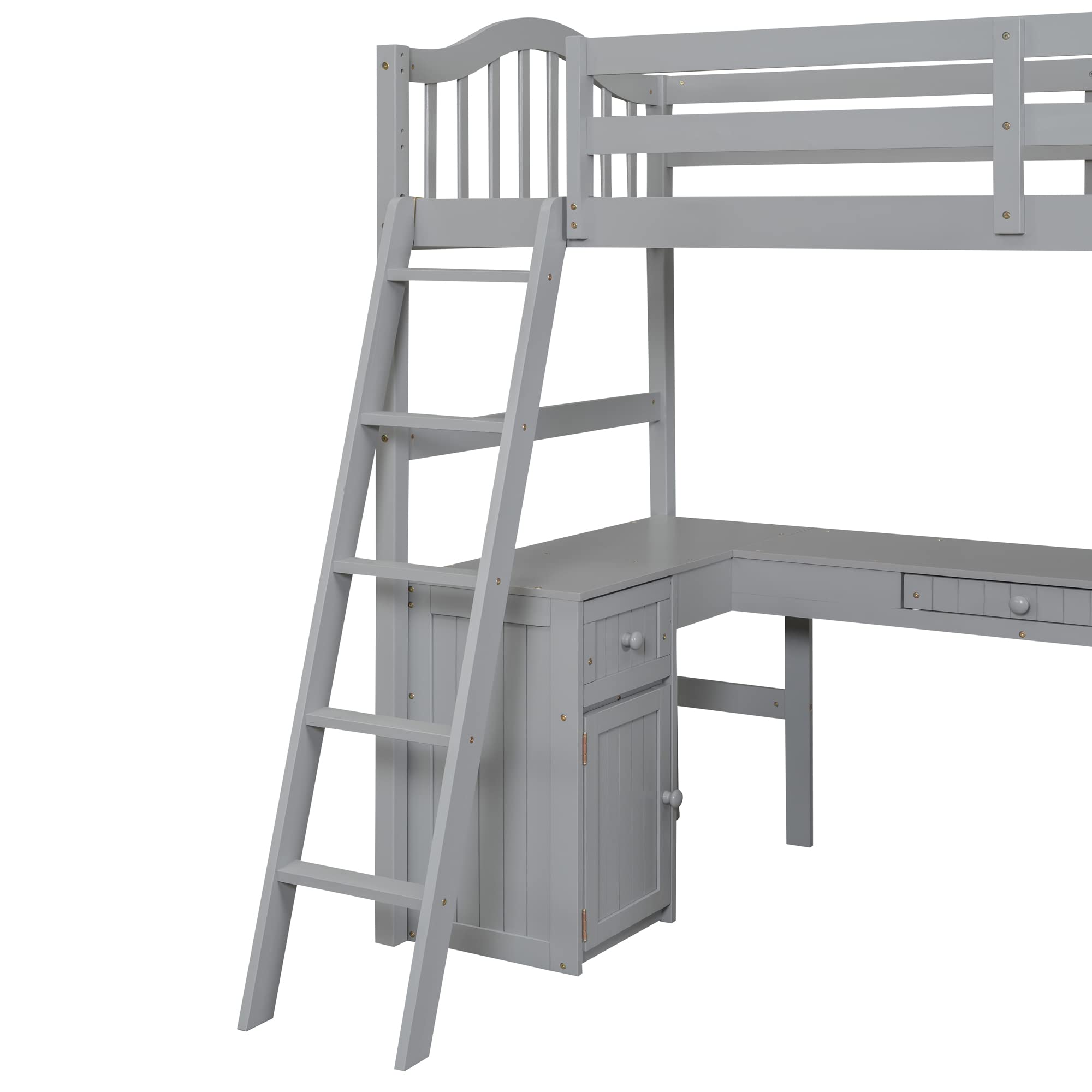 Twin Loft Bed with Desk, Drawer & Cabinet - Sturdy Wood Loft Bed with Bookcase Shelves for Kids, Teens & Adults - Space-Saving Dorm Furniture for Small Rooms (Gray) - Perfect for Bedrooms, Apartments & College Dorms