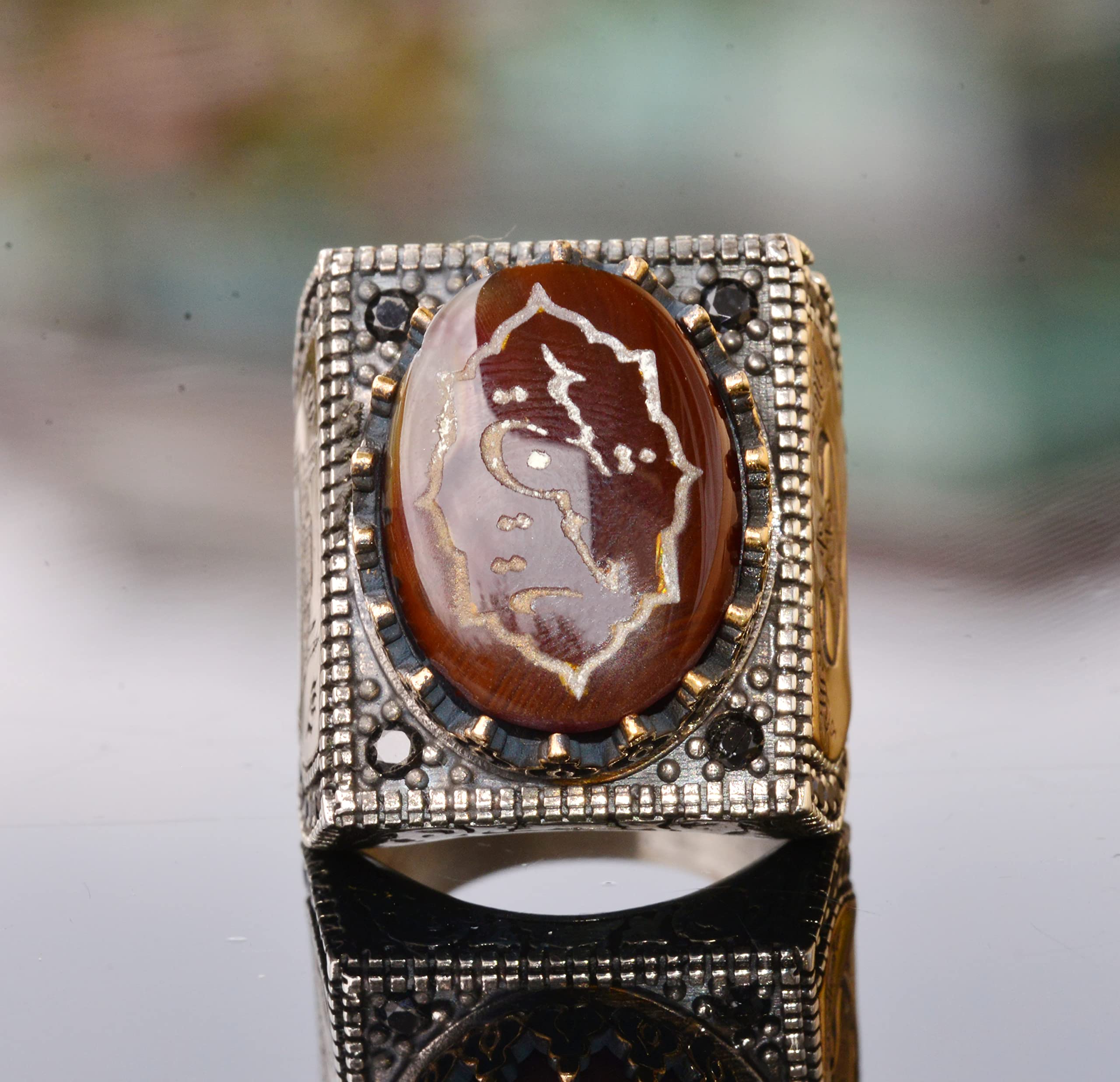 Natural Agate Gemstone Ring for Men - Sterling Silver Arabic Islamic Religious Jewelry Gift for Prayer, Eid, Wedding & Special Occasions