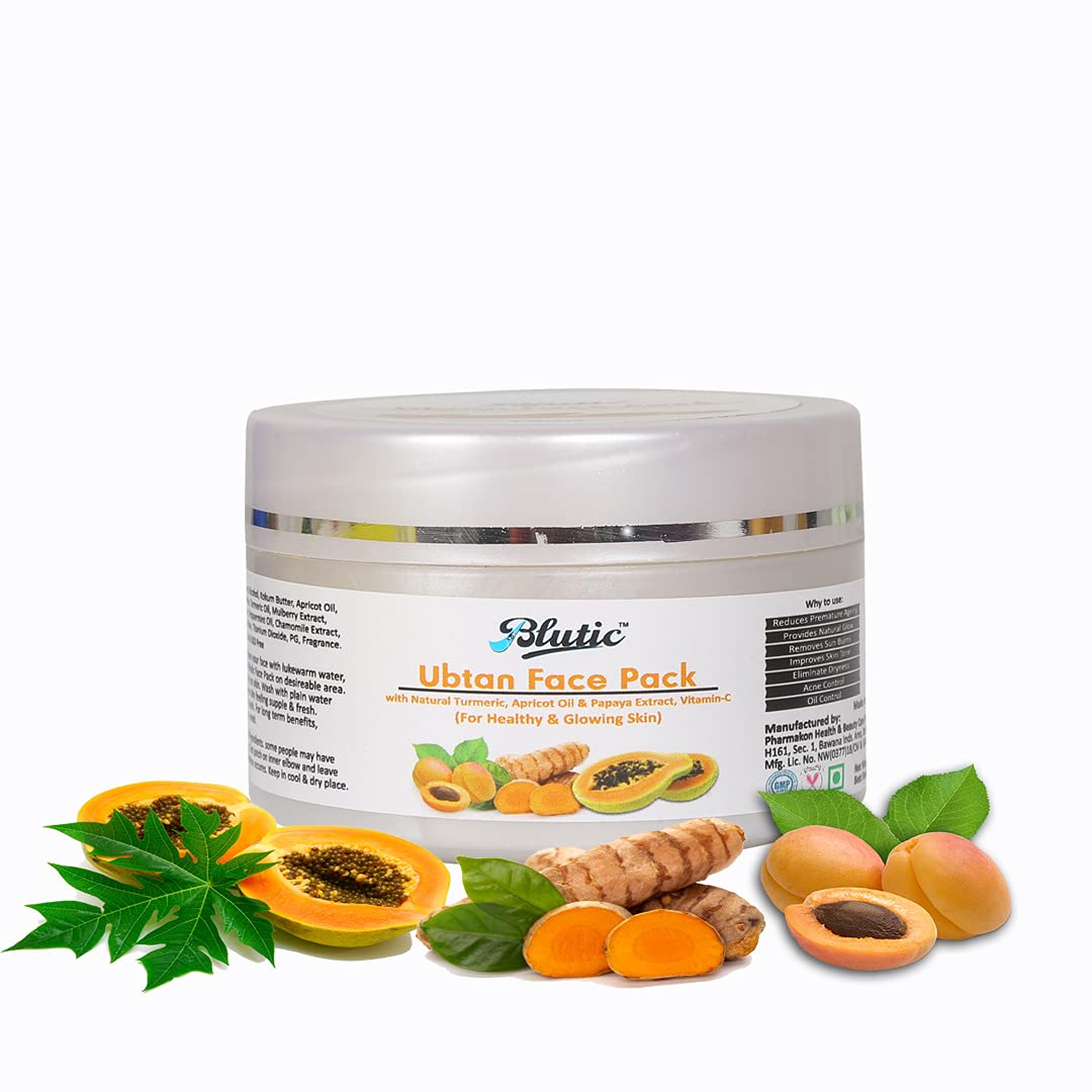 Blutic Ubtan Face Pack Mask with Natural Mulberry, Chamomile, Turmeric & Apricot Oil - Brightening & Glow Boosting Facial Treatment for Acne, Dark Spots & Dull Skin - Perfect for Daily Skincare Routine & Spa Day at Home