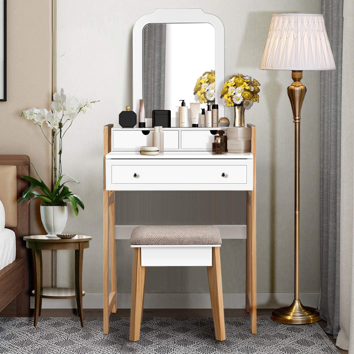 MAT EXPERT Vanity Desk Set with Mirror and Drawers - Chic White Dressing Table with Padded Stool, Makeup & Skincare Organizer, 2-Tier Tabletop & Large Mirror - Perfect for Bedroom, Dressing Room & Makeup Studio