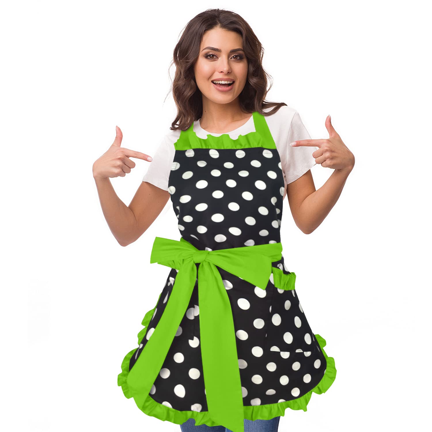 Vintage Polka Dot Apron for Women - Adjustable Ruffled Retro Apron with Pockets - 1950s Style Green Kitchen Apron - Perfect for Cooking, Baking, Halloween Costume & Mother's Day Gift