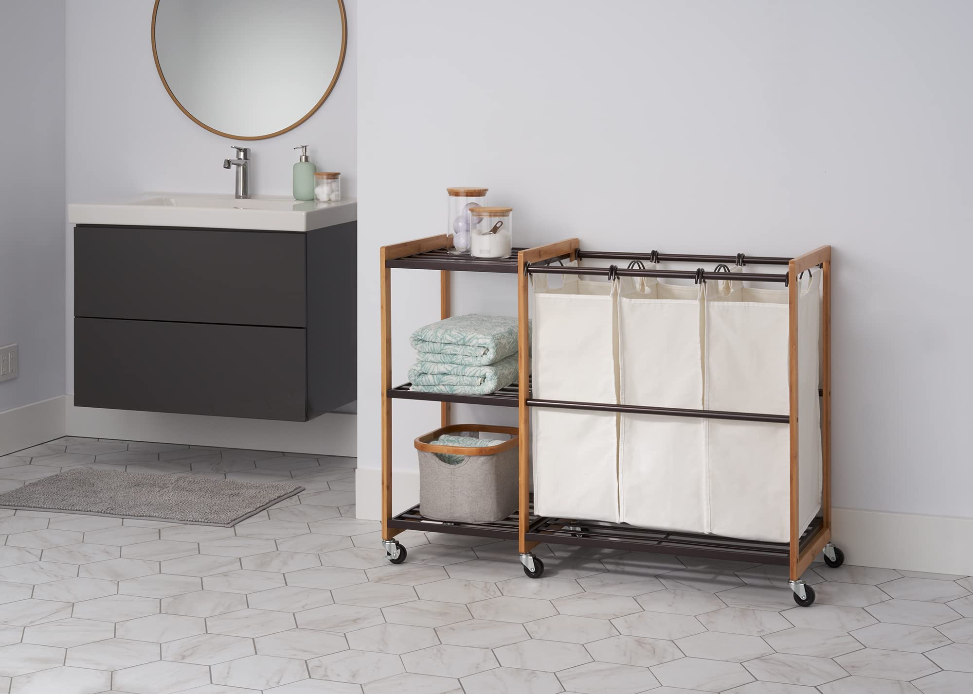 TRINITY 3-Bag Bamboo Laundry Hamper with Wheels - Foldable Laundry Organizer Cart with 3 Shelves & Bronze Poles for Bedroom, Closet, Dorm - Perfect for Small Spaces & Apartment Living