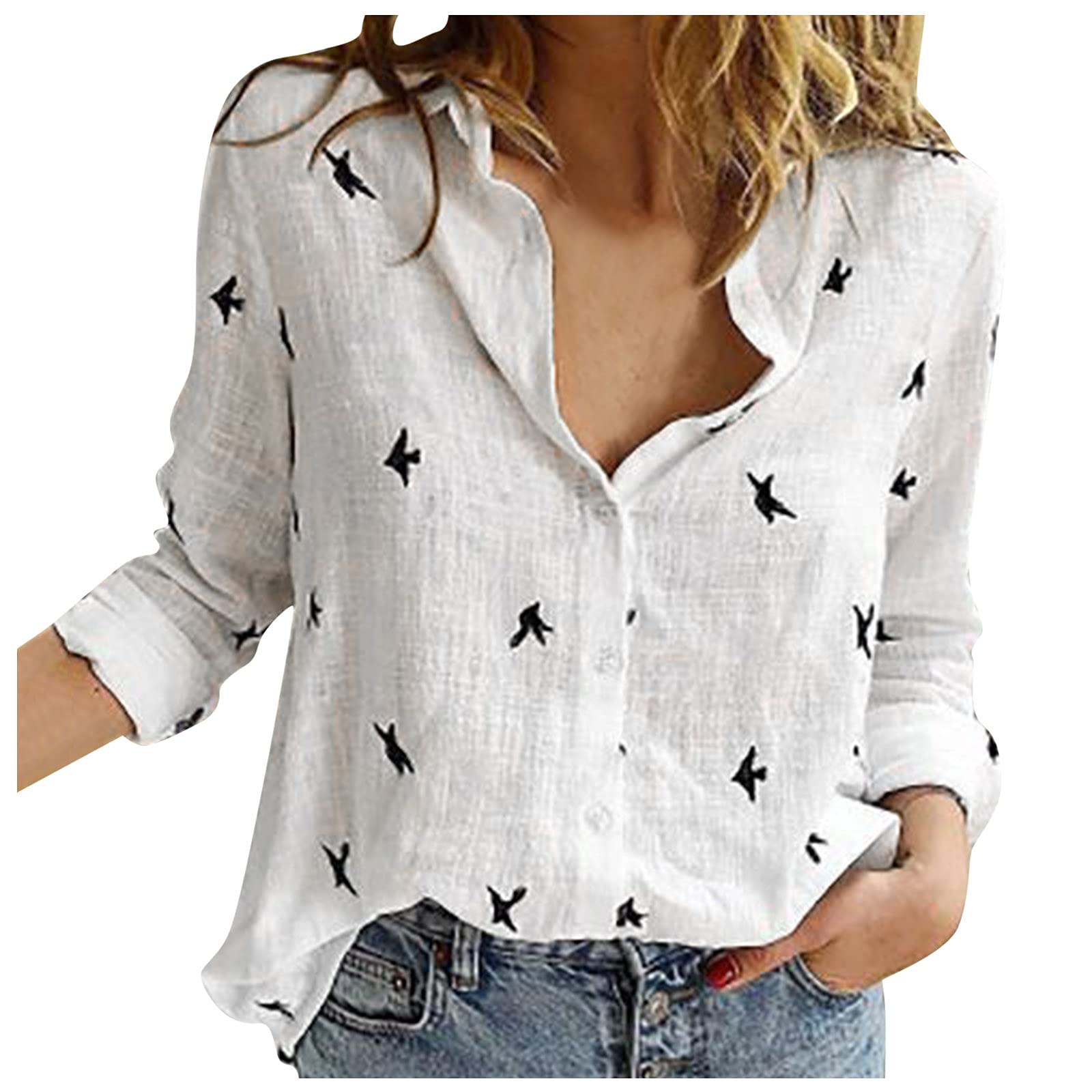 Women's Long Sleeve Button Down Shirt - Casual Office Blouse with Trendy Print, Loose V-Neck & Collar - Perfect for Business Attire, Work Wear & Professional Outfits