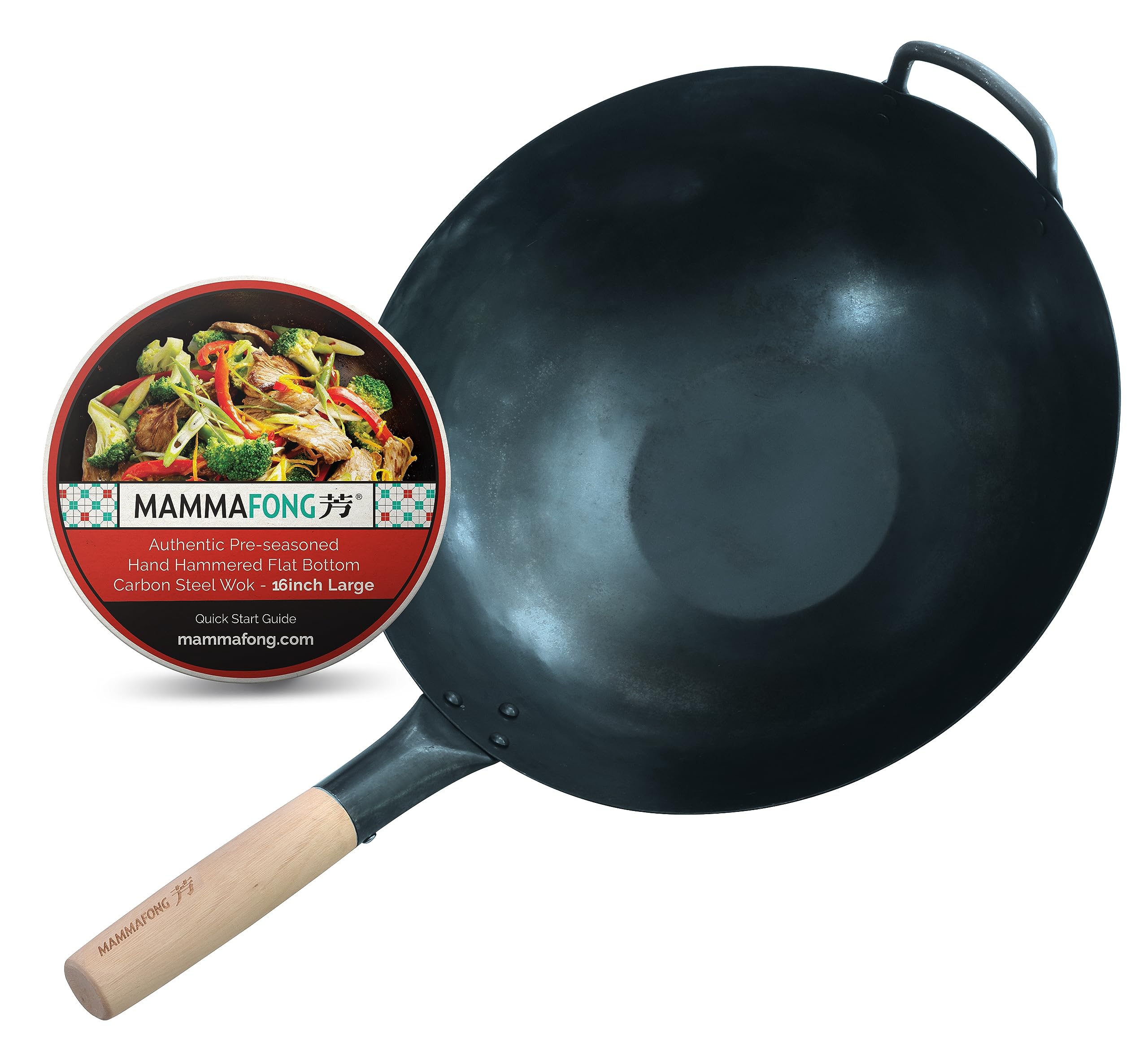 16-Inch Traditional Carbon Steel Wok Pan - Large Flat Bottom Hand Hammered Stir Fry Pan - Chemical-Free Authentic Chinese Wok for Professional Cooking & Home Kitchen Use