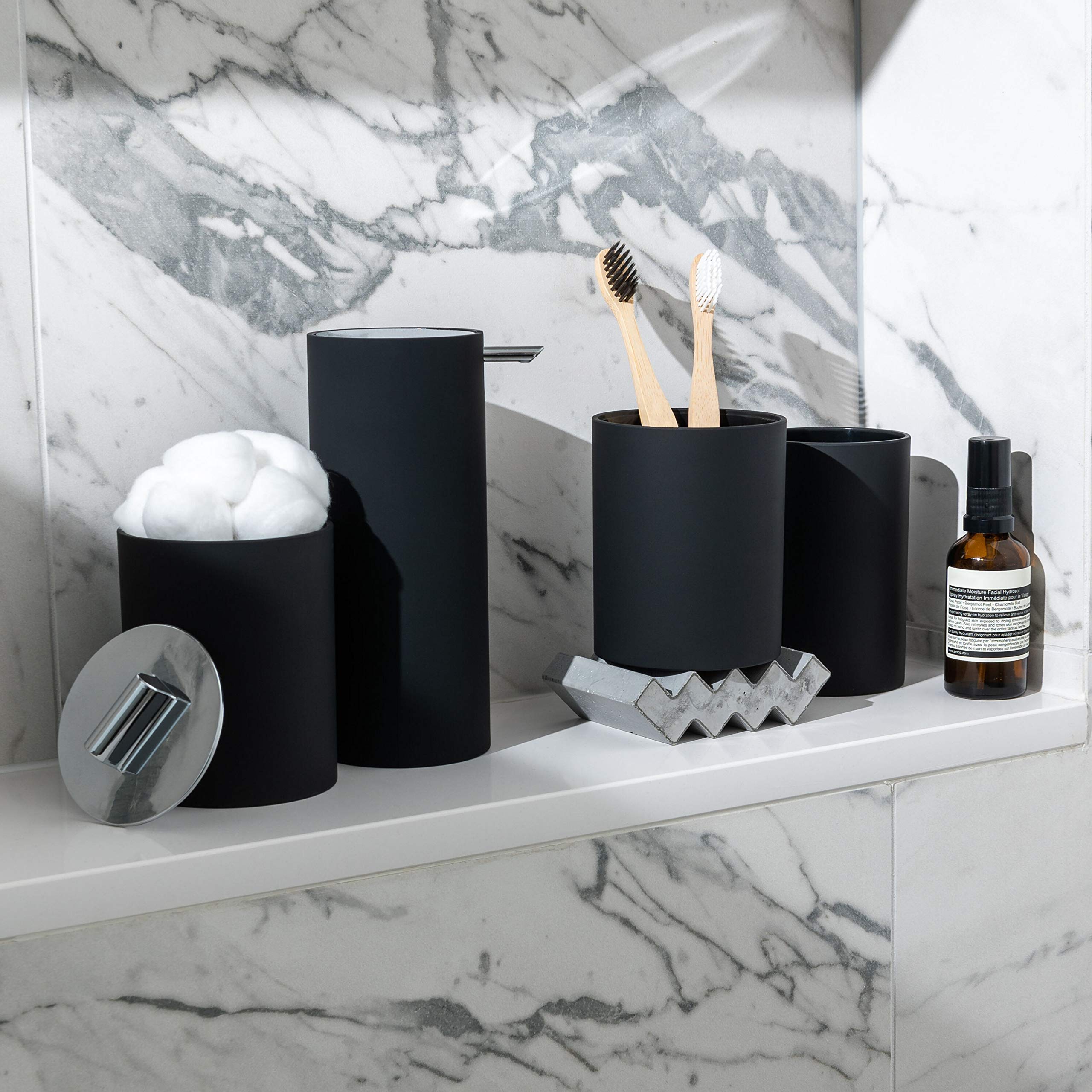 Modern Matte Black Bathroom Accessory Set - 4 Piece Complete Bathroom Organizer with Toothbrush Holder & Soap Dispenser | Waterproof Bathroom Decor for Home, Apartment, Hotel | Perfect Housewarming Gift