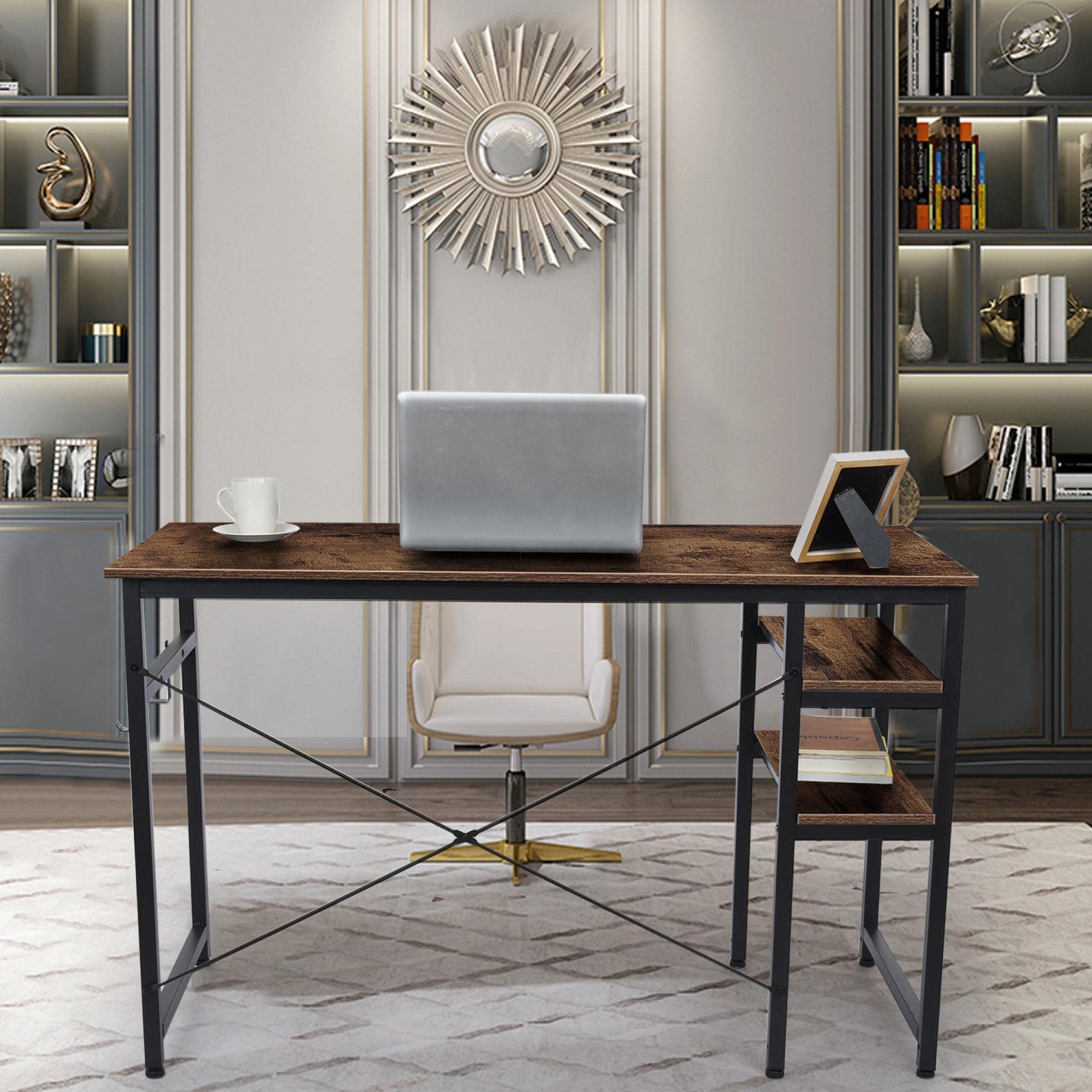 Industrial Style Computer Desk with 2 Storage Shelves - Sturdy Wood Table & Metal Frame for Home Office, Study, Gaming, or Camping - Perfect for PC, Laptop, Notebook, Reading & Multifunctional Workspace