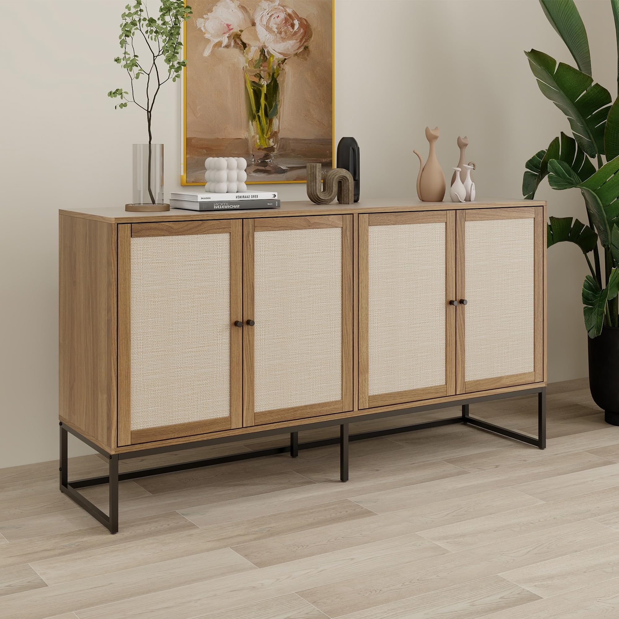 Modern Sideboard Cabinet with Rattan Doors - Adjustable Shelves Accent Storage for Kitchen, Dining Room, Living Room, Hallway & Office - Freestanding Storage Cabinet in Walnut Finish | Perfect for Home Organization & Stylish Decor