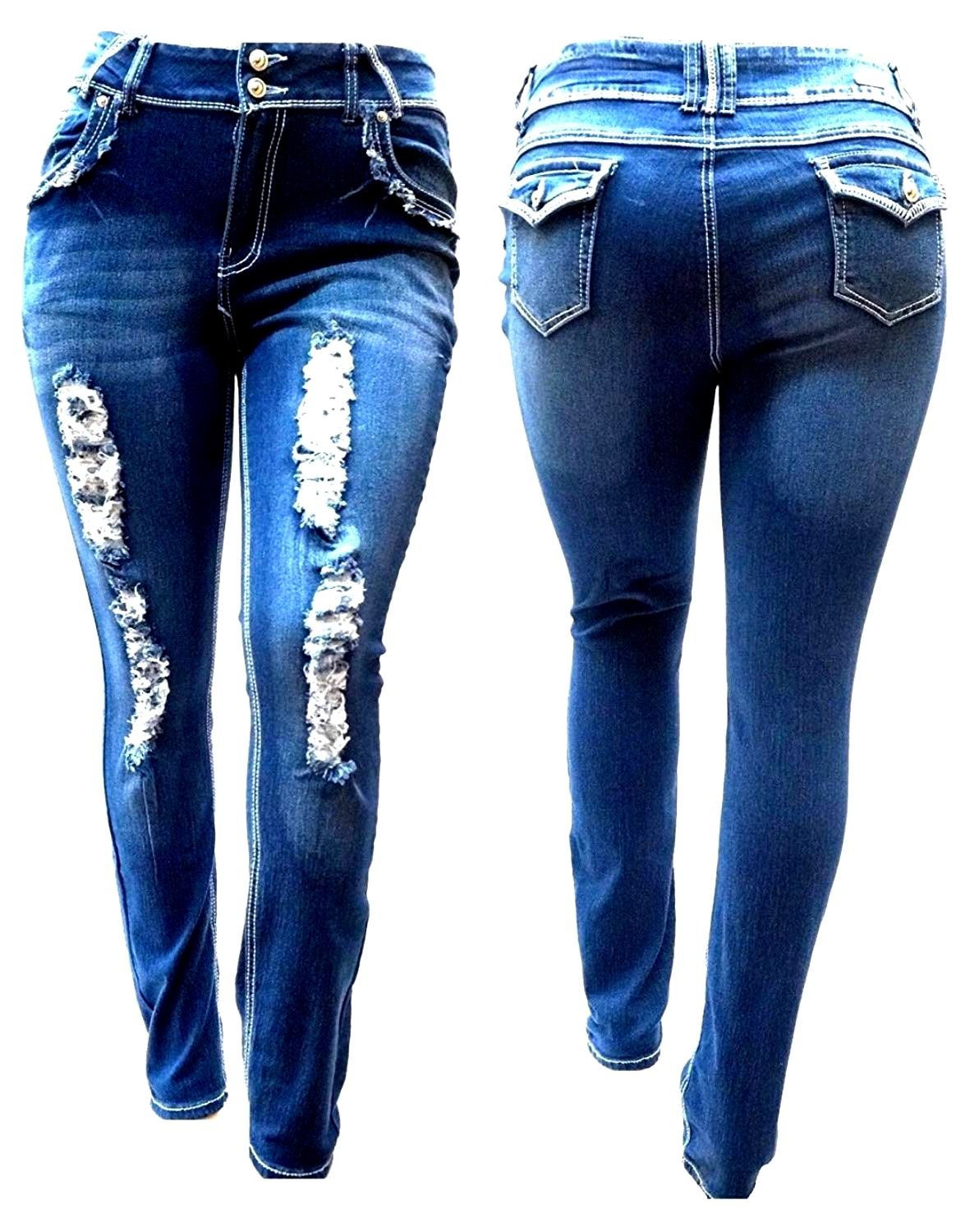 Jack David Women's Plus Size Distressed Ripped Destroyed Blue Denim Jeans Skinny Pants - Comfortable Stretch High Waisted Casual Pants for Everyday Wear, Work & Night Out