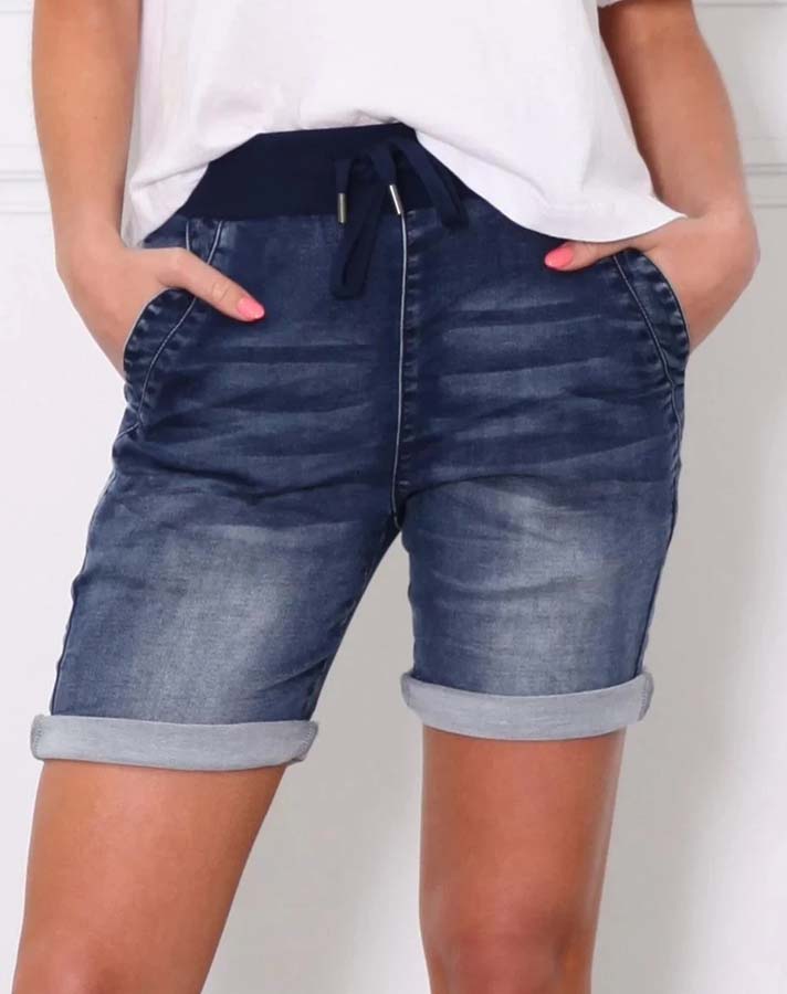 Riley Women's Denim Shorts - Dark Blue Wash | High Waisted Stretch Jeans Shorts for Summer, Casual Outfits & Beach Wear