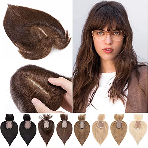SEGO Clip-In Human Hair Topper with Bangs for Women - 150% Density Remy Hair, Silk Base, 16 Inch 4# Medium Brown (48g) - Covers Hair Loss, Thinning & Gray Hair - Perfect for Daily Wear, Special Occasions & Confidence Boosting