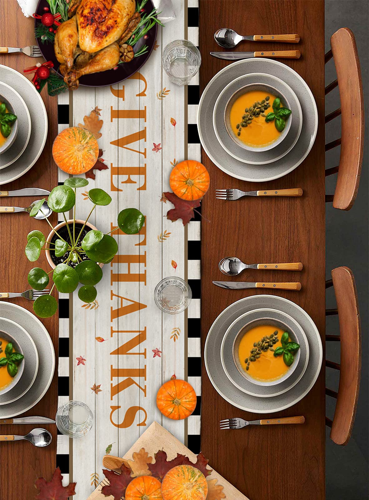 Thanksgiving Table Runner - 72 Inch Burlap Holiday Table Decor with Fall Harvest Pumpkins & Sunflowers in Black White Plaid for Home, Kitchen, Party, Dining & Coffee Tables - Perfect for Autumn Gatherings & Seasonal Decor