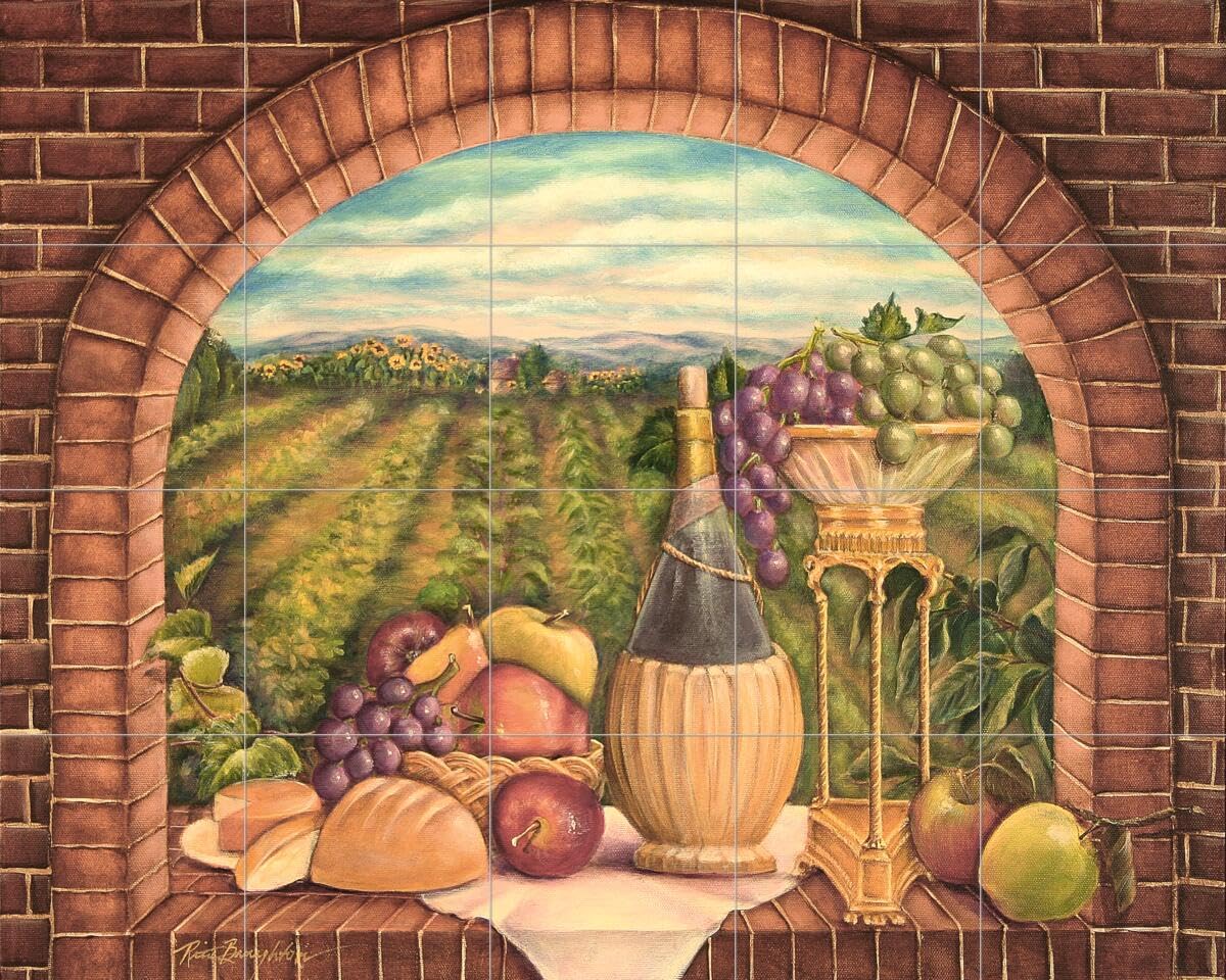 Hand-Painted Tuscan Wine II Ceramic Backsplash Tile Mural for Kitchen - Italian Countryside Design by Rita Broughton - Perfect for Farmhouse, Rustic, and Mediterranean Style Kitchens