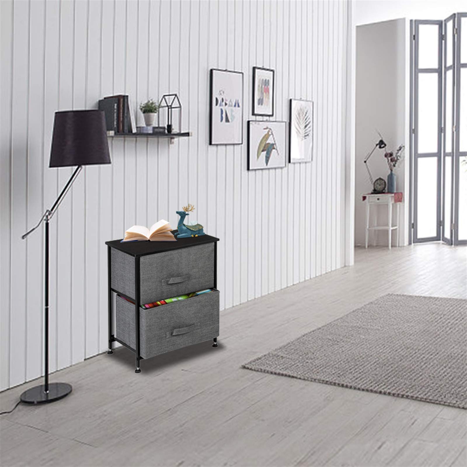 Modern Nightstand with 2 Drawers & Fabric Bins - Steel Frame & Wood Top End Table - Bedroom Storage Organizer for Clothes, Books & Essentials - Perfect for Bedside, Hallway or Entryway (Grey)