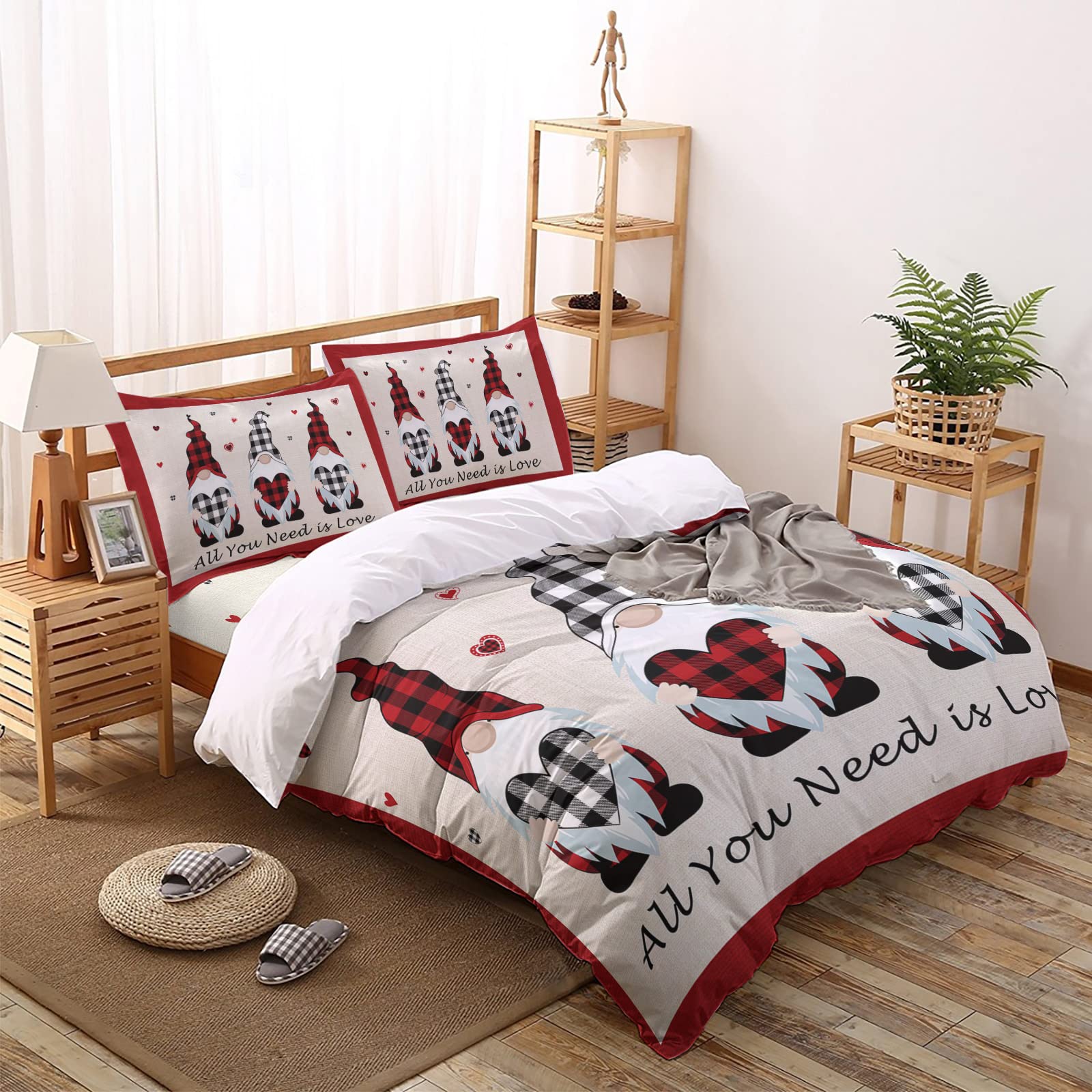 Seven Roses 4-Piece Gnome Bedding Set - Full Size Quilt Cover, Soft Bed Sheets & Pillowcases, Checkered Burlap Texture - Perfect for Valentine's Day, Cozy Bedroom Decor & Gift Ideas