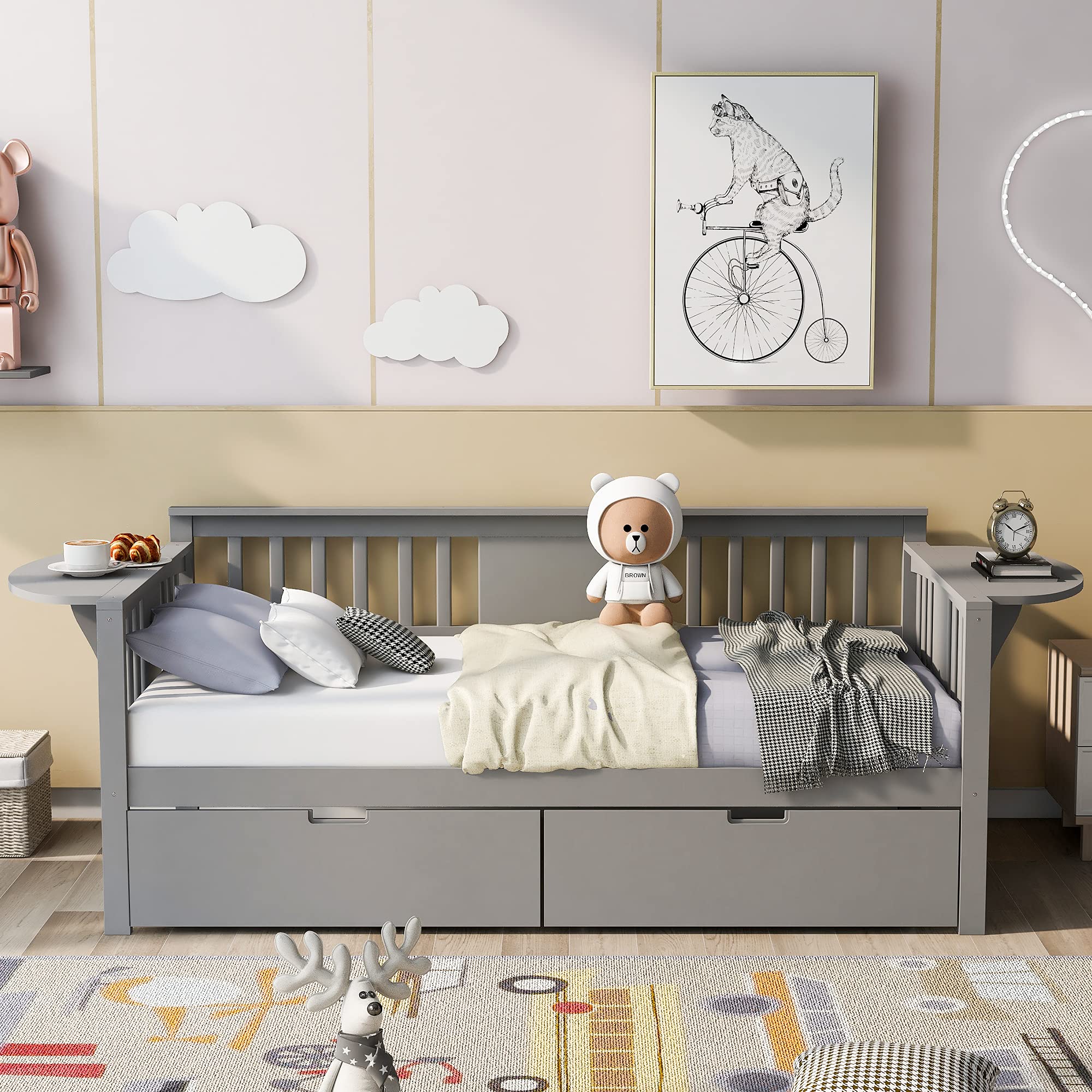 **Solid Wood Twin-Size Daybed with 2 Folding Tables & 2 Drawers – Multi-Functional Bed Frame for Kids, Teens & Guest Rooms – No Box Spring Needed – Perfect for Small Spaces, Sleepovers & Home Offices**