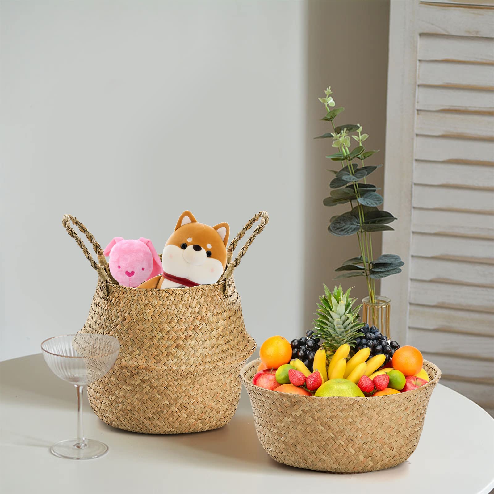 Yesland 2-Pack Woven Seagrass Baskets with Handles - Storage for Laundry, Plants & Picnic