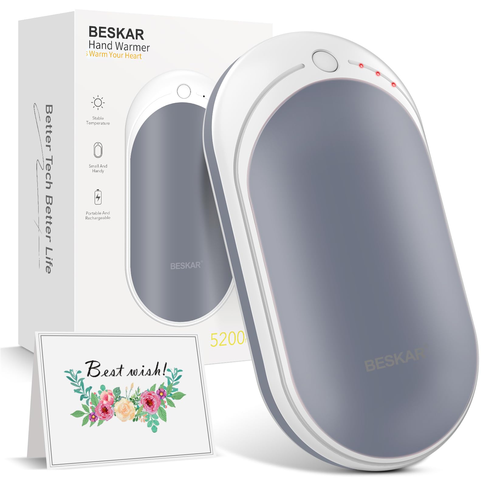 BESKAR Rechargeable Electric Hand Warmer 2 Pack - Portable Hand Warmers for Winter, Outdoor Activities, Camping & Hiking
