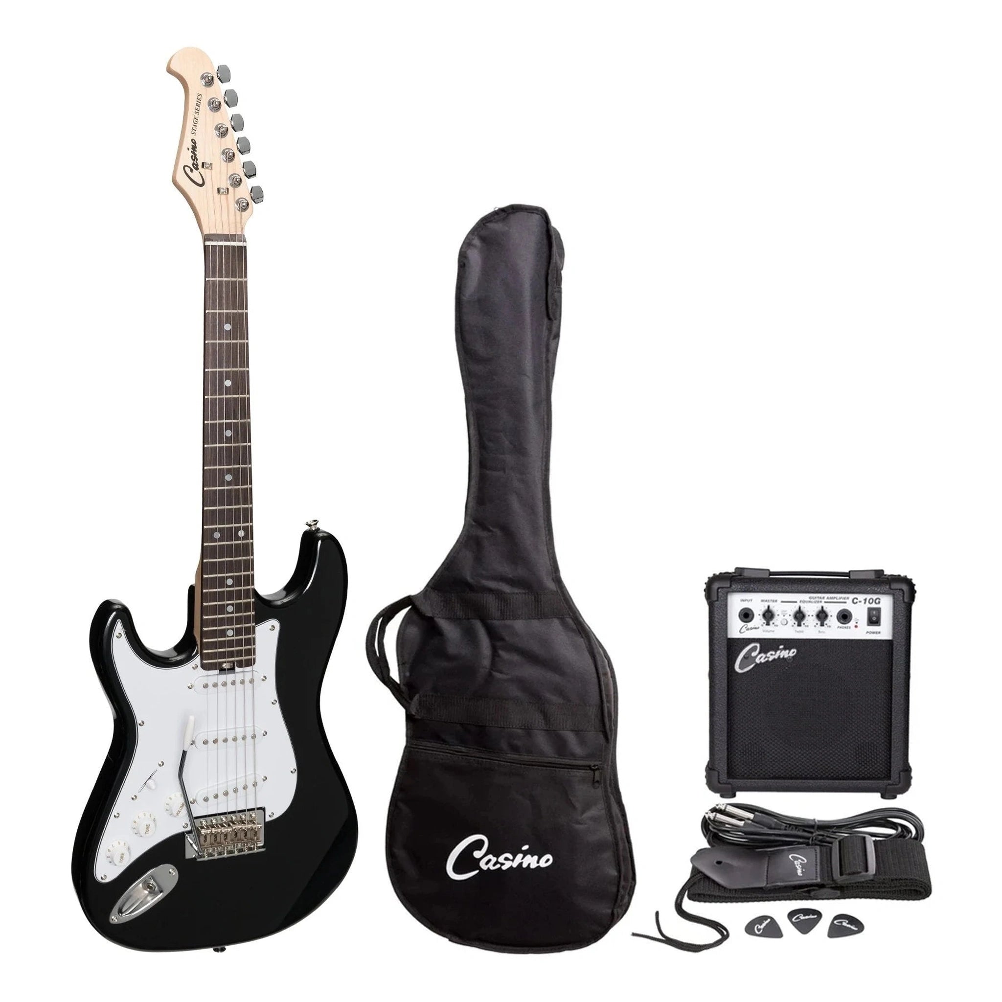 Left Handed Short Scale Electric Guitar Pack - Casino ST Style 3/4 Size, Black | Perfect for Beginners & Travel Musicians