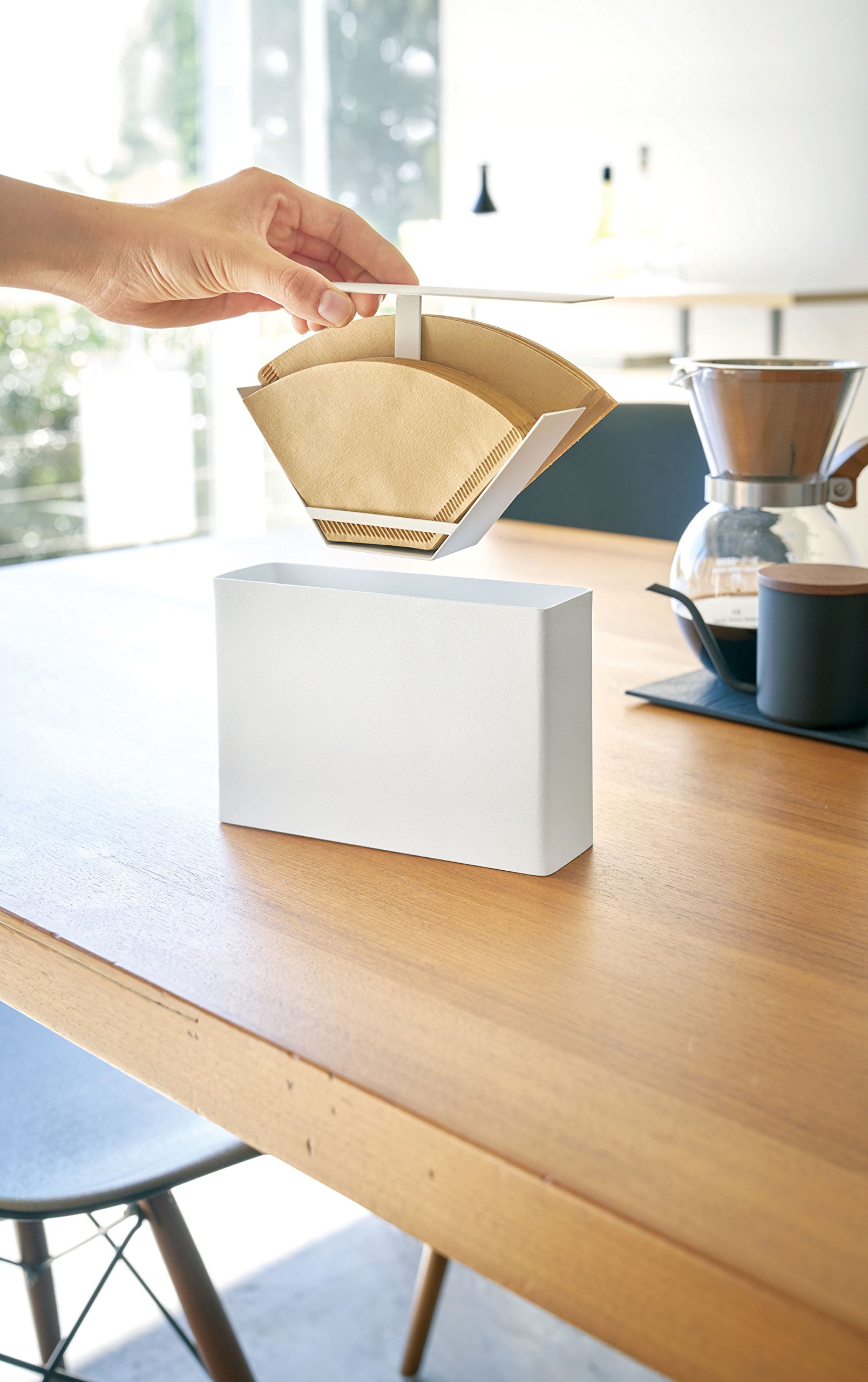Yamazaki Home Coffee Filter Holder - White Kitchen Storage Container for Drip Coffee Filters - Perfect for Organizing Coffee Accessories in Small Spaces