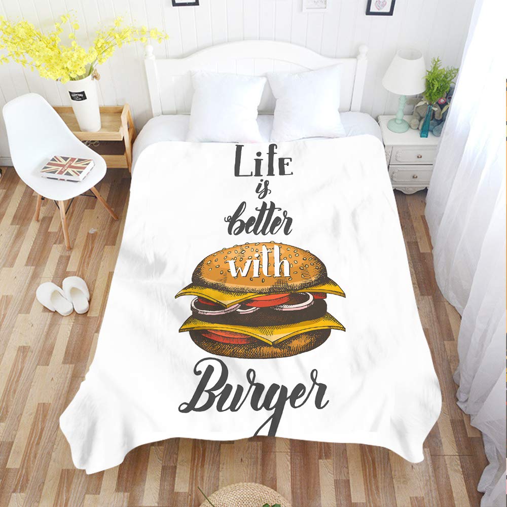 Life is Better with Burger Flannel Throw Blanket - 50x60 Inch Soft Warm Cozy Blanket for Couch, Bed, Travel - Hamburger Pattern Home Decor Gift for Food Lovers (Perfect for Movie Nights, Camping & Gift Giving)