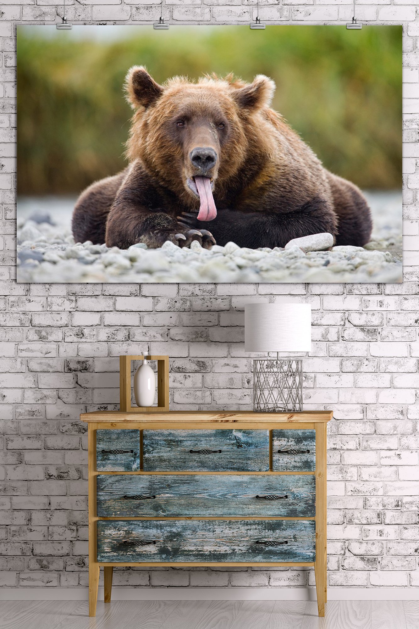 Grizzly Bear with Tongue Out - 36x54 Inch Giclee Art Print - Wildlife Travel Poster for Wall Decor - Perfect for Living Room, Office & Cabin Decor