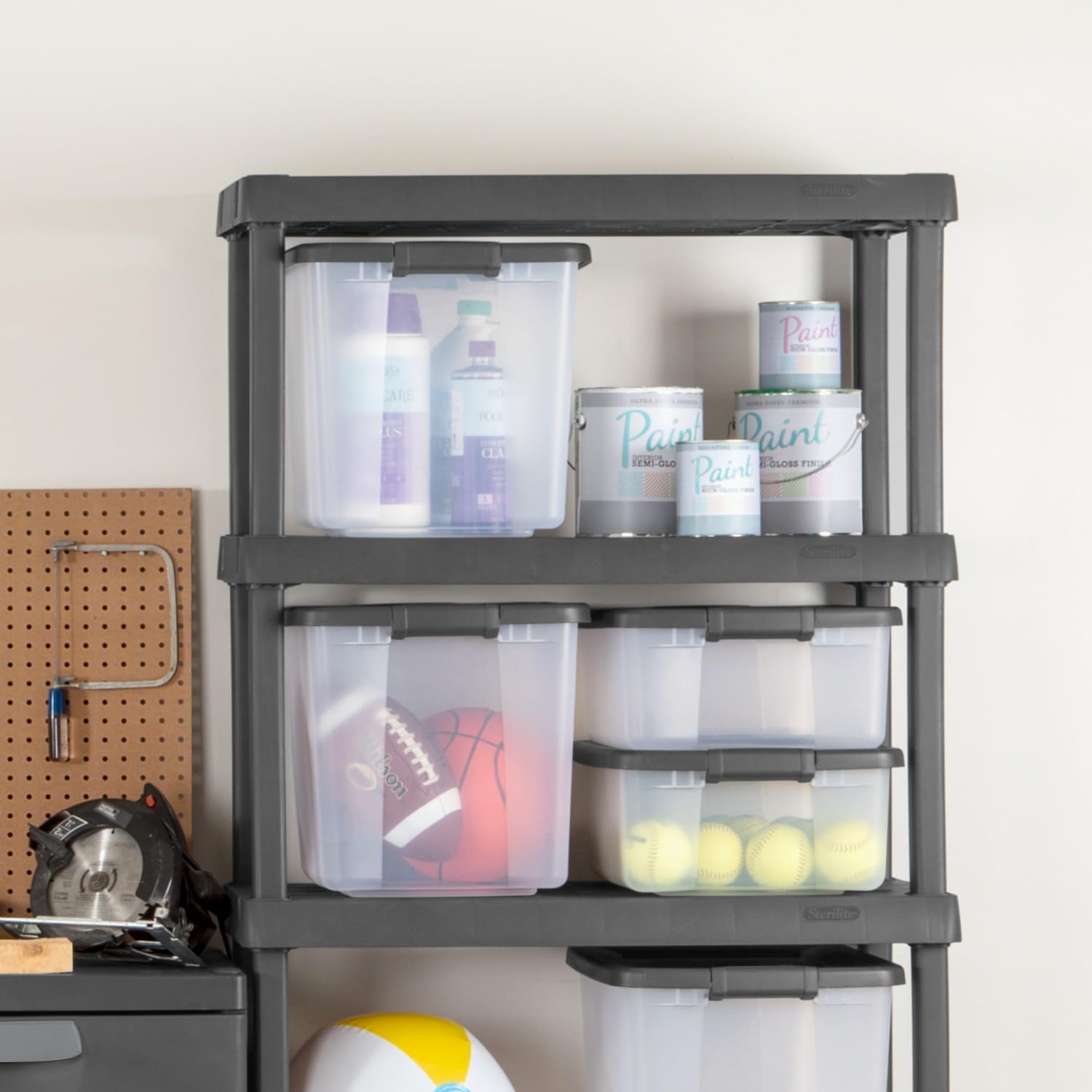 Sterilite 19376406 50-Quart Storage Bins with Lids - 6-Pack Stackable Shelf Totes in Driftwood & Platinum for Home Organization, Closet, Garage, and Office Storage Solutions