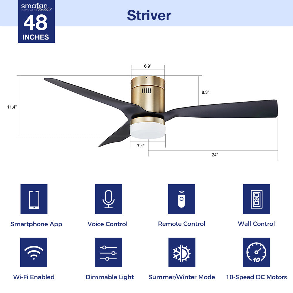 Striver II Low Profile Smart Ceiling Fan with LED Light and Remote Control - Energy Efficient, Quiet Operation for Indoor and Outdoor Use - Perfect for Bedrooms, Living Rooms, Patios, and Covered Porches