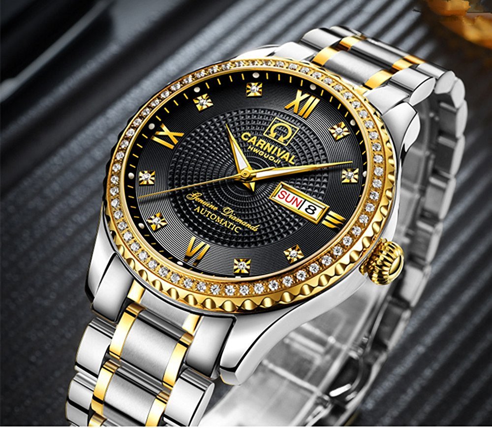 Men's & Women's Automatic Dress Watches Set - Gold & Silver Stainless Steel Couple Watches for Date Night
