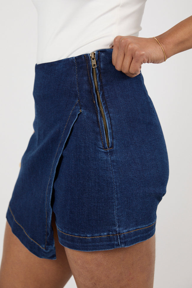 Stylish Dark Wash Denim Skort for Women - Comfortable Stretch Denim Skirt Shorts Hybrid - Perfect for Casual Outings, Work & Date Nights