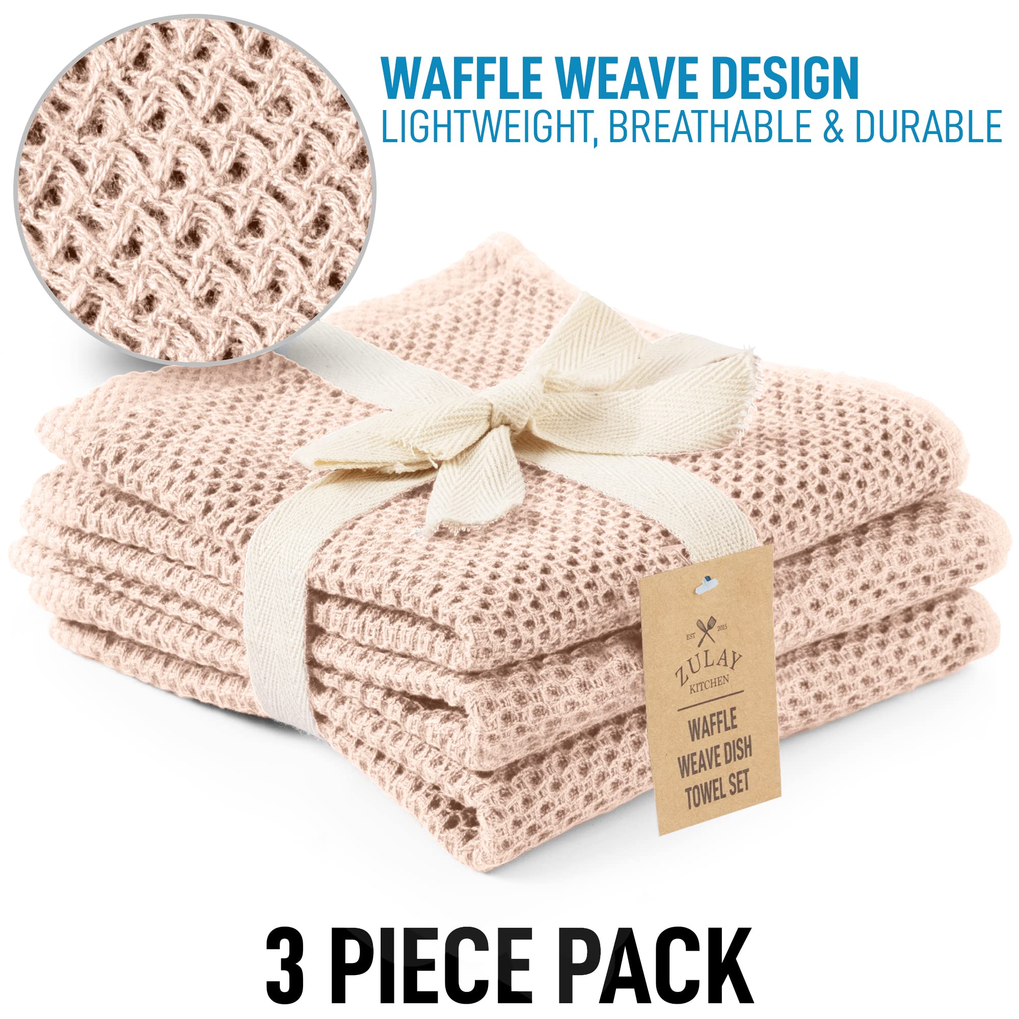 Zulay 3-Pack Cotton Waffle Weave Kitchen Towels - Super Absorbent for Dishes & Cleaning (Beige) - Perfect for Home & Commercial Use